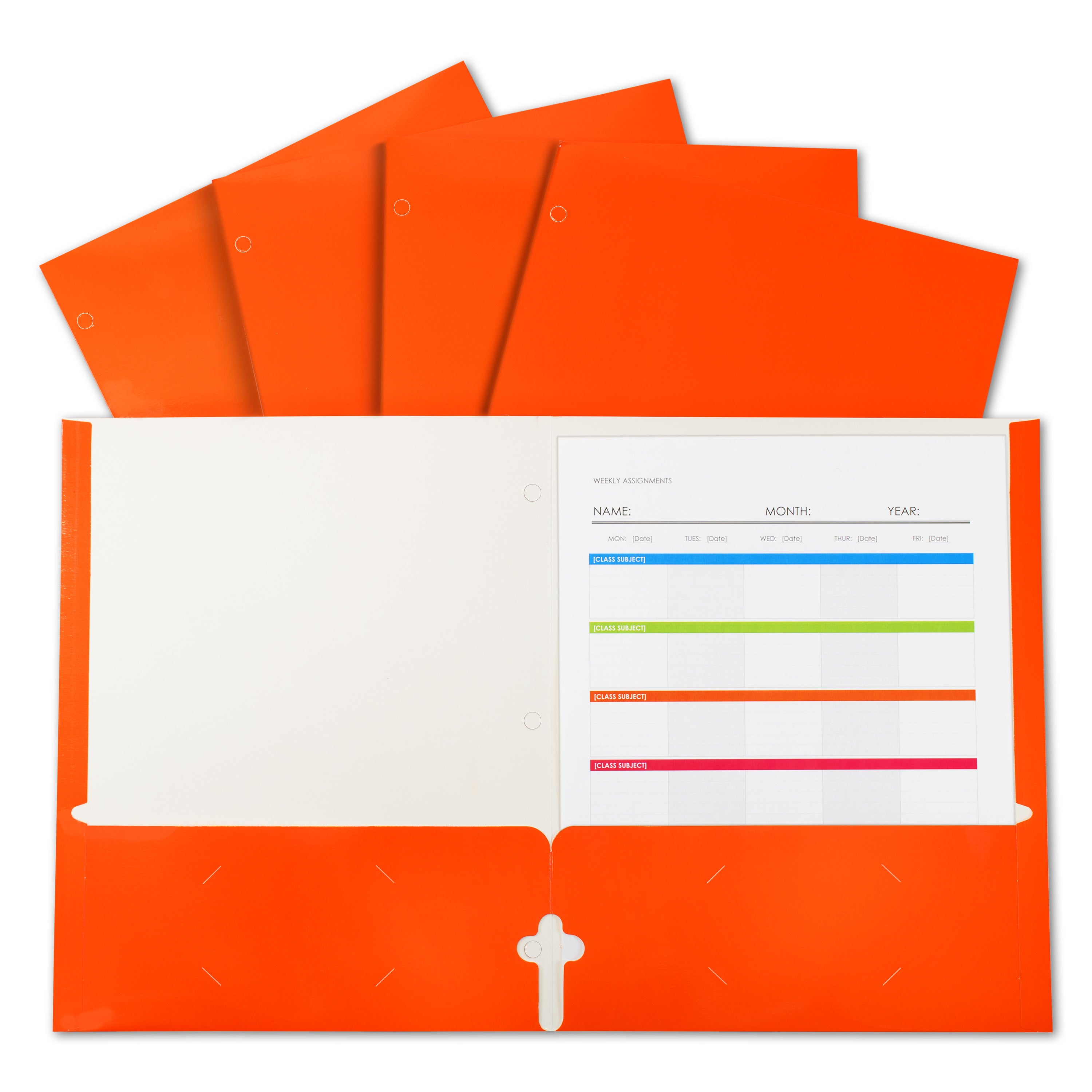 Laminated two-pocket paper portfolios, non-prong with three-hole punch, orange, 25/PK