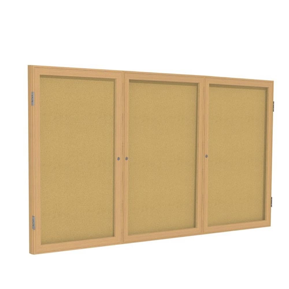 Ghent 3 Door Enclosed Natural Cork Bulletin Board, Oak Wood Frame, 3'H x 6'W