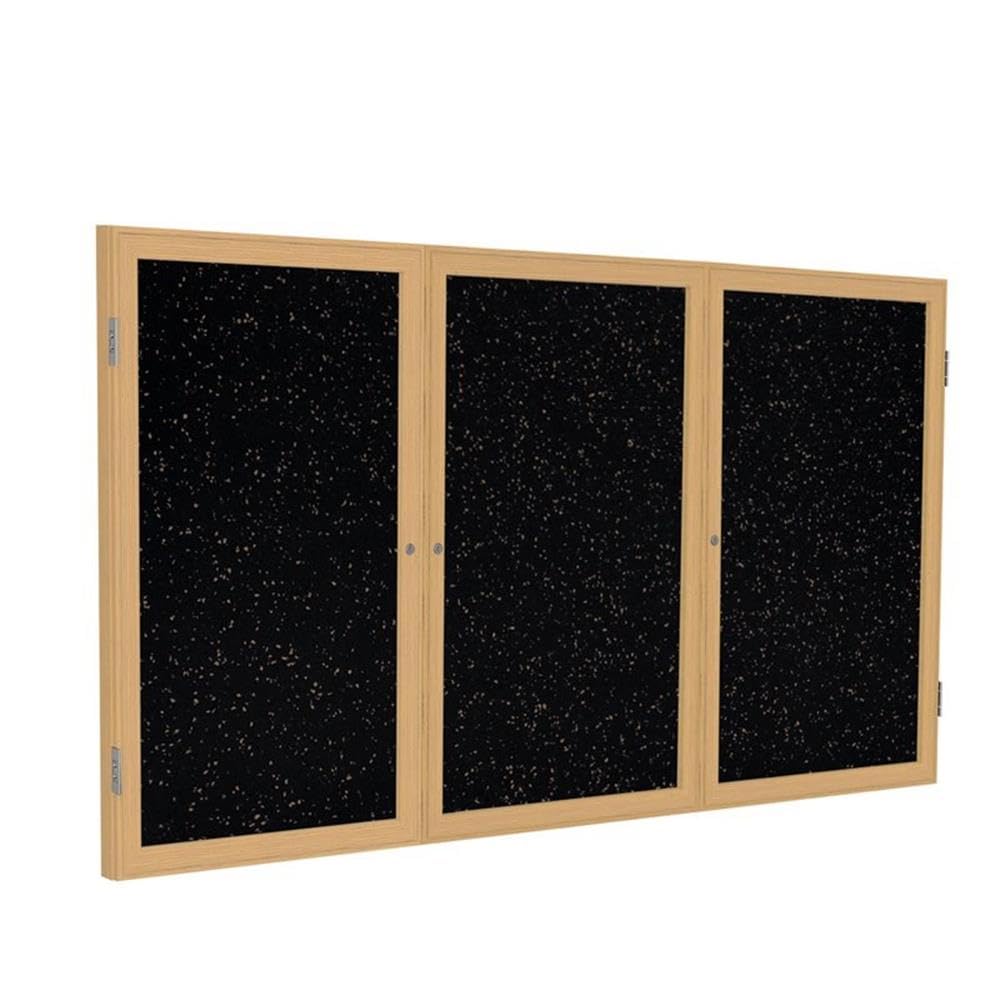 Ghent 3 Door Enclosed Recycled Rubber Bulletin Board, Oak Wood Frame, 3'H x 6'W, Tan Speckled