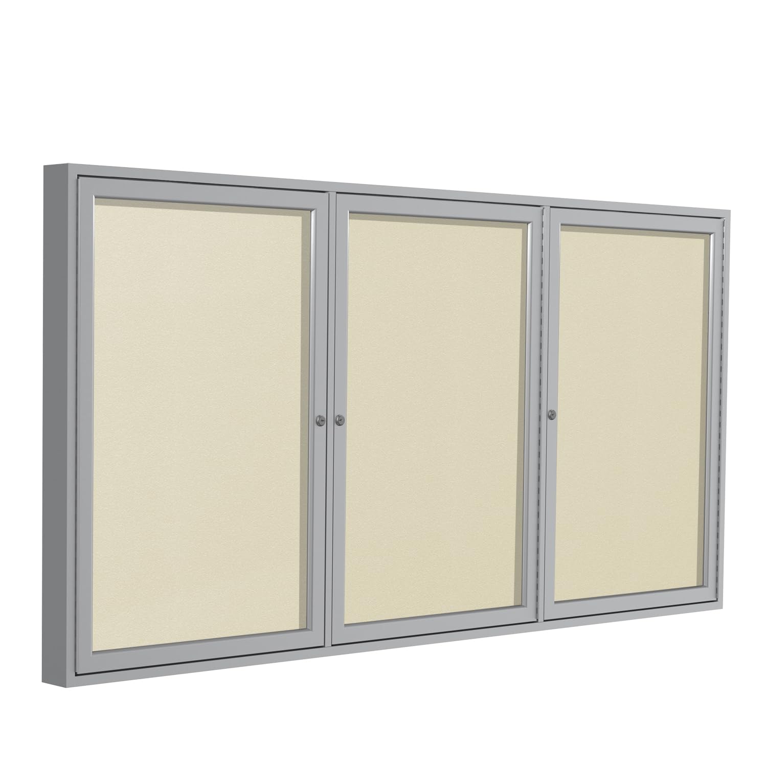 Ghent 3 Door Enclosed Vinyl Bulletin Board, Satin Aluminum Frame, 3'H x 6'W, Ivory