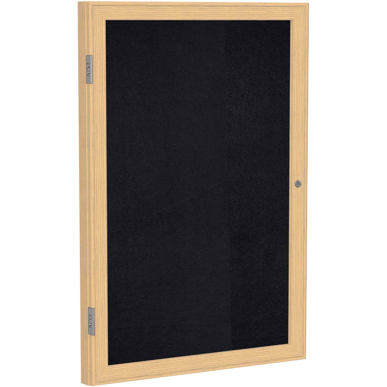 Ghent 1 Door Enclosed Recycled Rubber Bulletin Board, Oak Wood Frame, 3'H x 2'W, Black