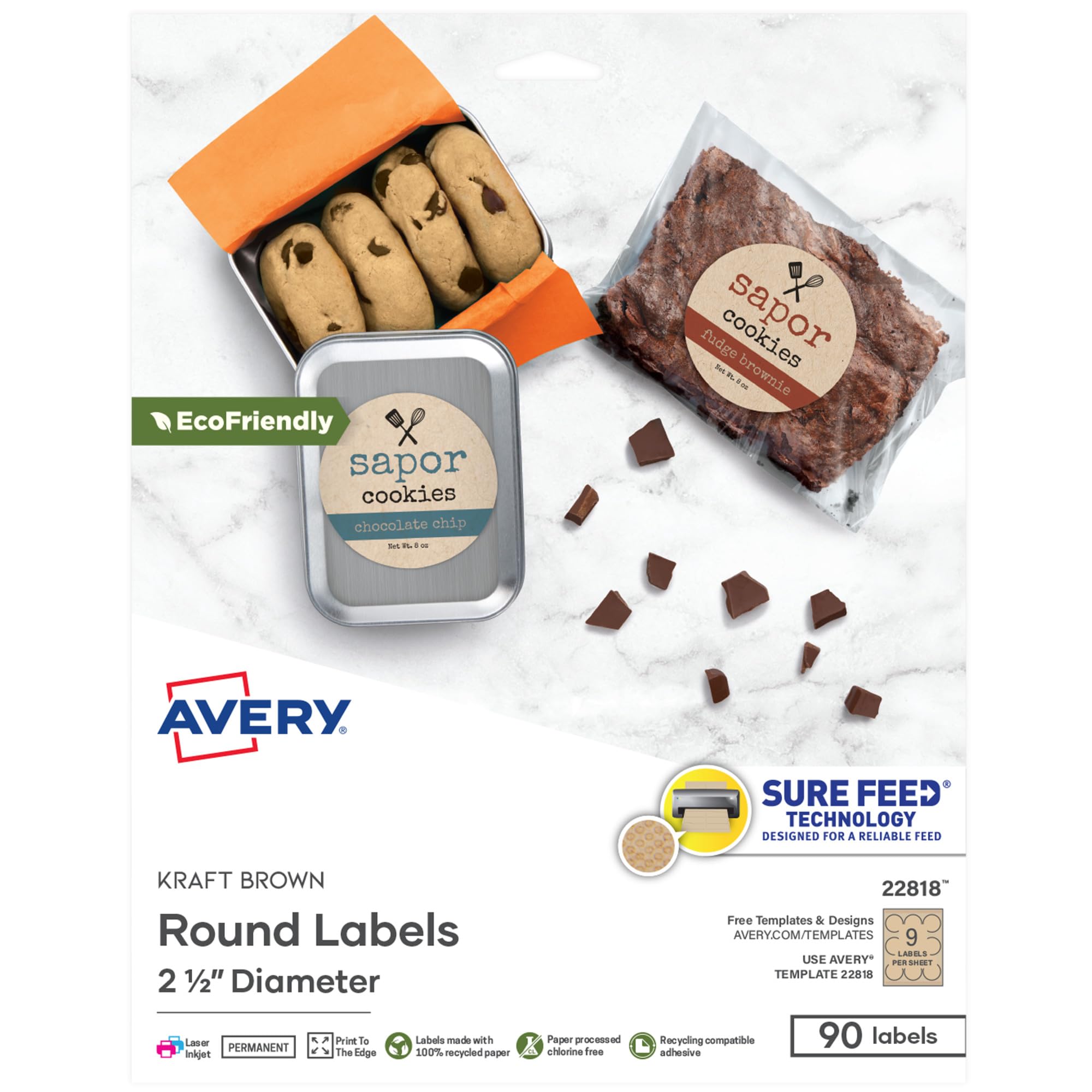 Avery Print-to-the-Edge Round Labels, Kraft Brown, 2-1/2" Diameter, 90 Labels (22818)