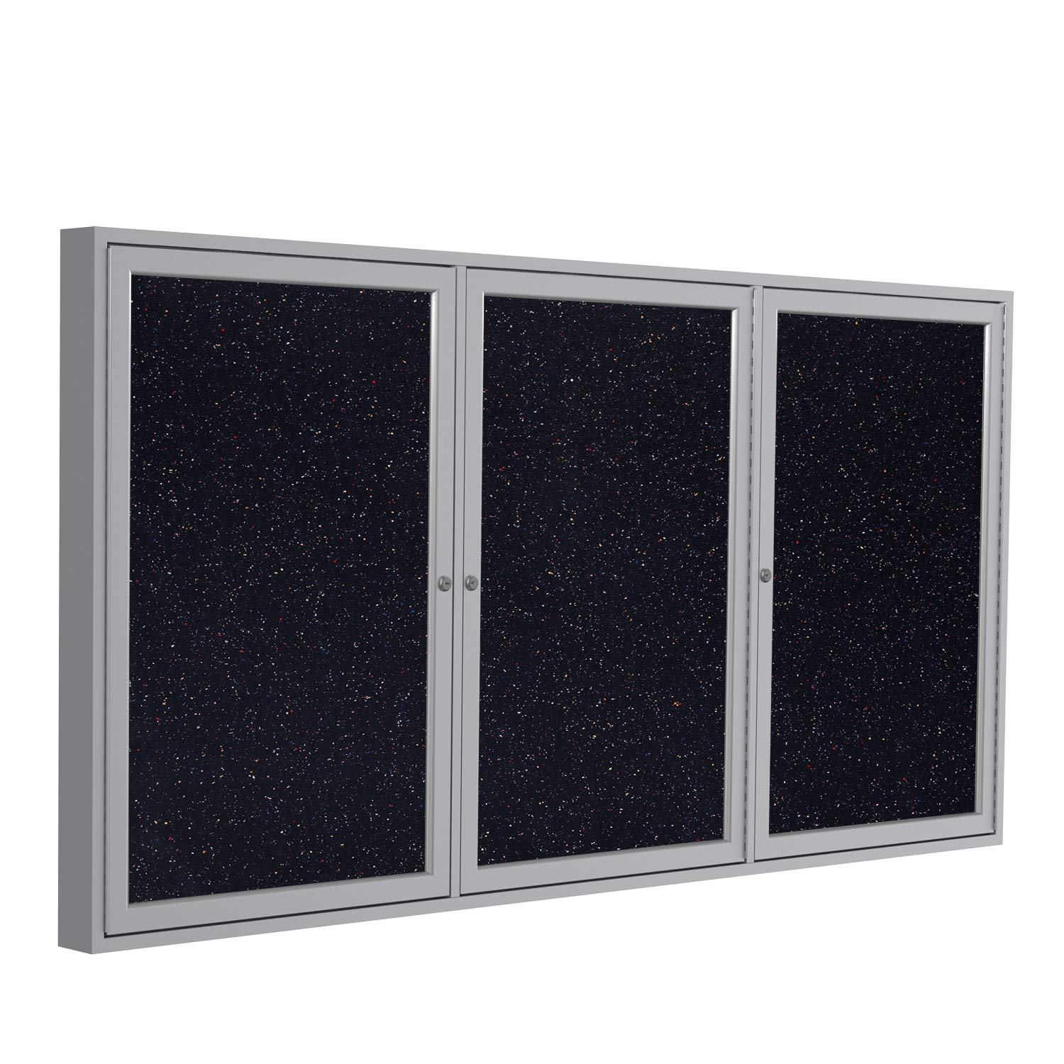 Ghent 3 Door Enclosed Recycled Rubber Bulletin Board, Satin Aluminum Frame, 3'H x 6'W, Confetti