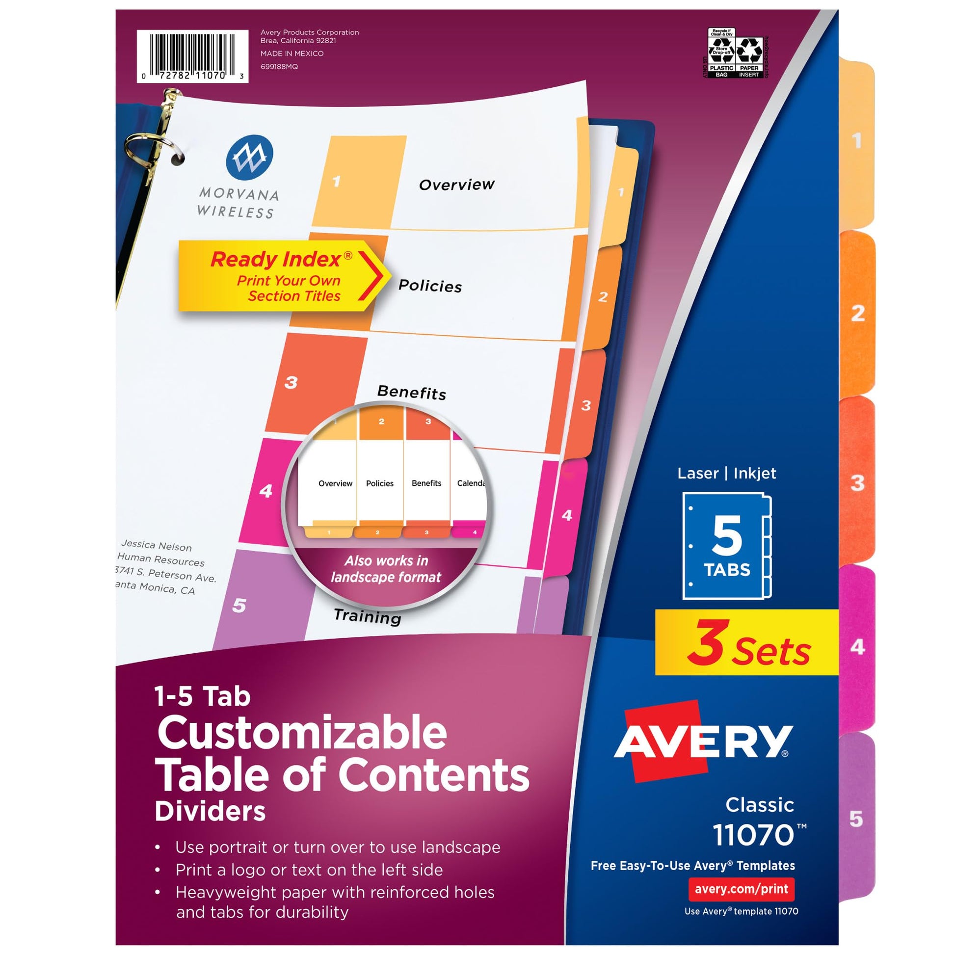 Avery Ready Index 5 Tab Binder Dividers, Customizable Table of Contents, Multicolor Tabs, 3 Sets (11070)