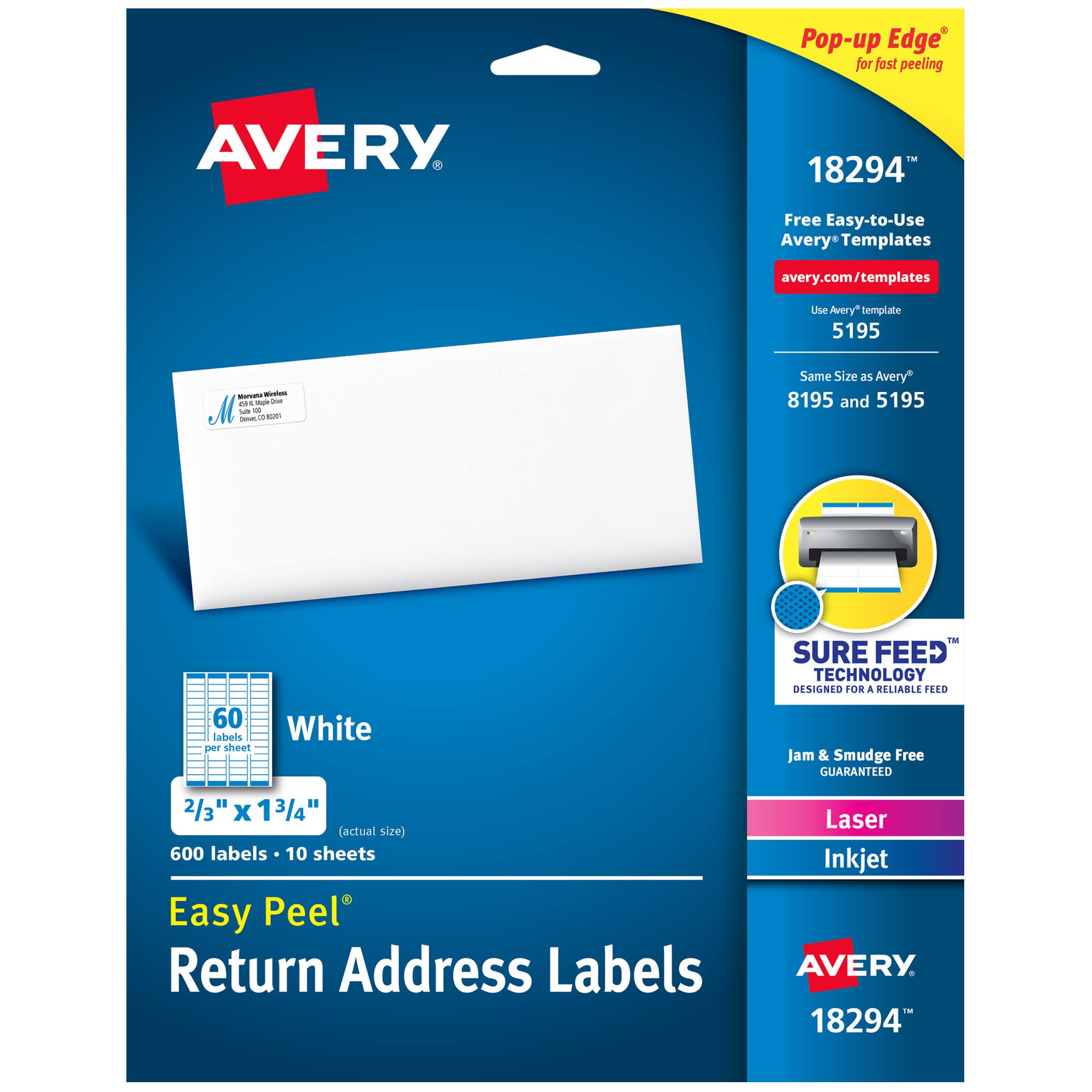 Avery Easy Peel Address Labels, Sure Feed Technology, Permanent Adhesive, 2/3" x 1-3/4", 600 Labels (18294)
