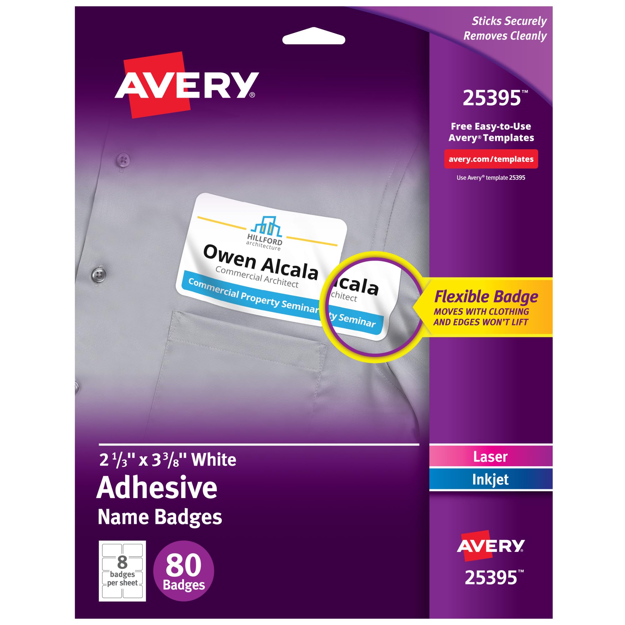 Avery Flexible Name Tag Stickers, White Rectangle Labels, Name Badges, 2-1/3" x 3-3/8", 80 Labels (25395)