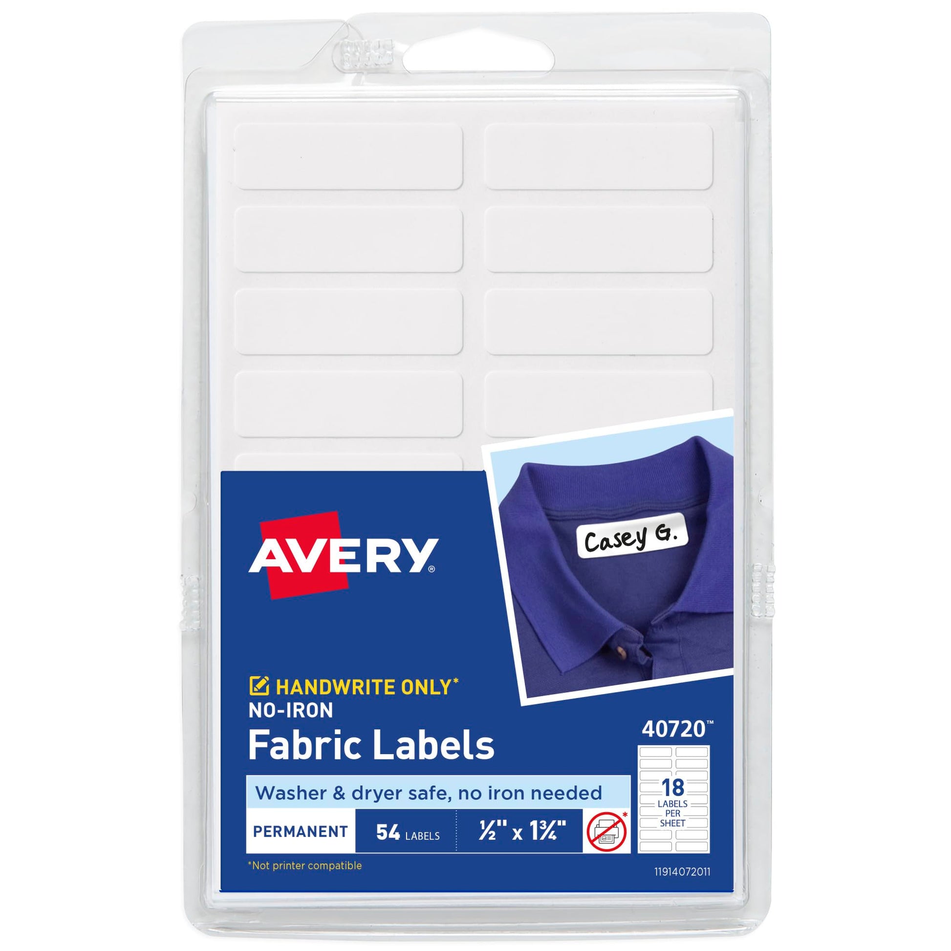 Avery No-Iron Clothing Labels, Washer & Dryer Safe, 1/2" x 1-3/4", 54 Labels (40720)