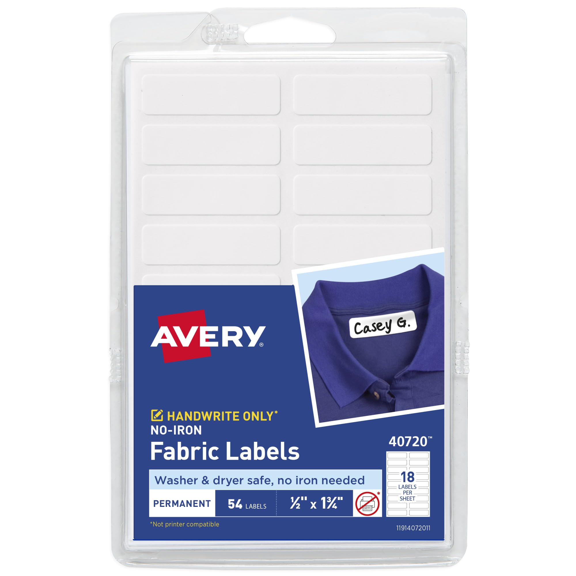Avery No-Iron Clothing Labels, Washer & Dryer Safe, 1/2" x 1-3/4", 54 Labels (40720)