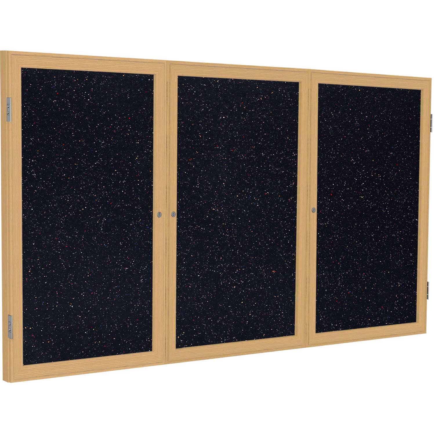 Ghent 3 Door Enclosed Recycled Rubber Bulletin Board, Oak Wood Frame, 3'H x 6'W, Confetti