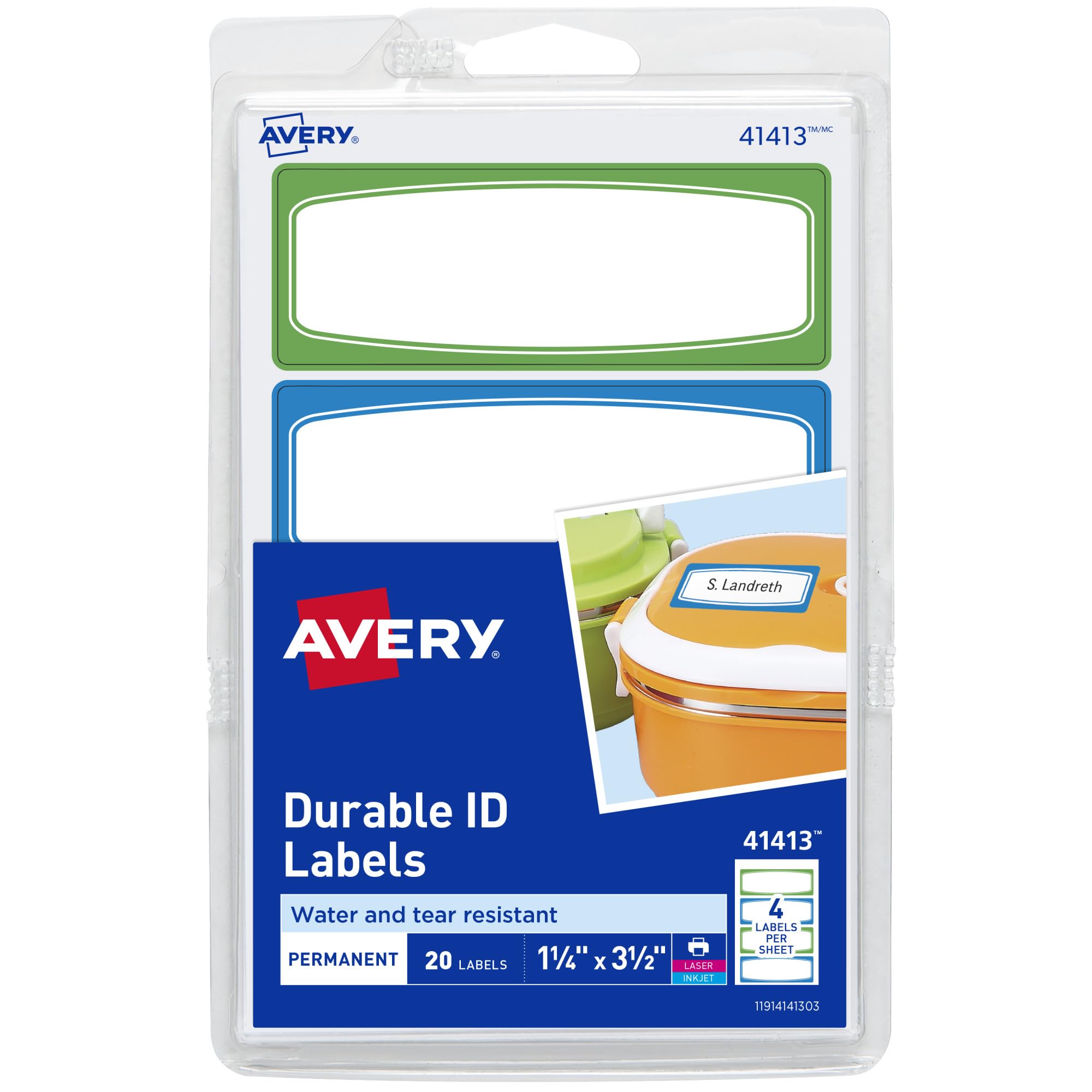 Avery Durable Labels for Kids' Gear, Permanent Adhesive, Assorted, 3-1/2" x 1-1/4", 20 Labels (41413)