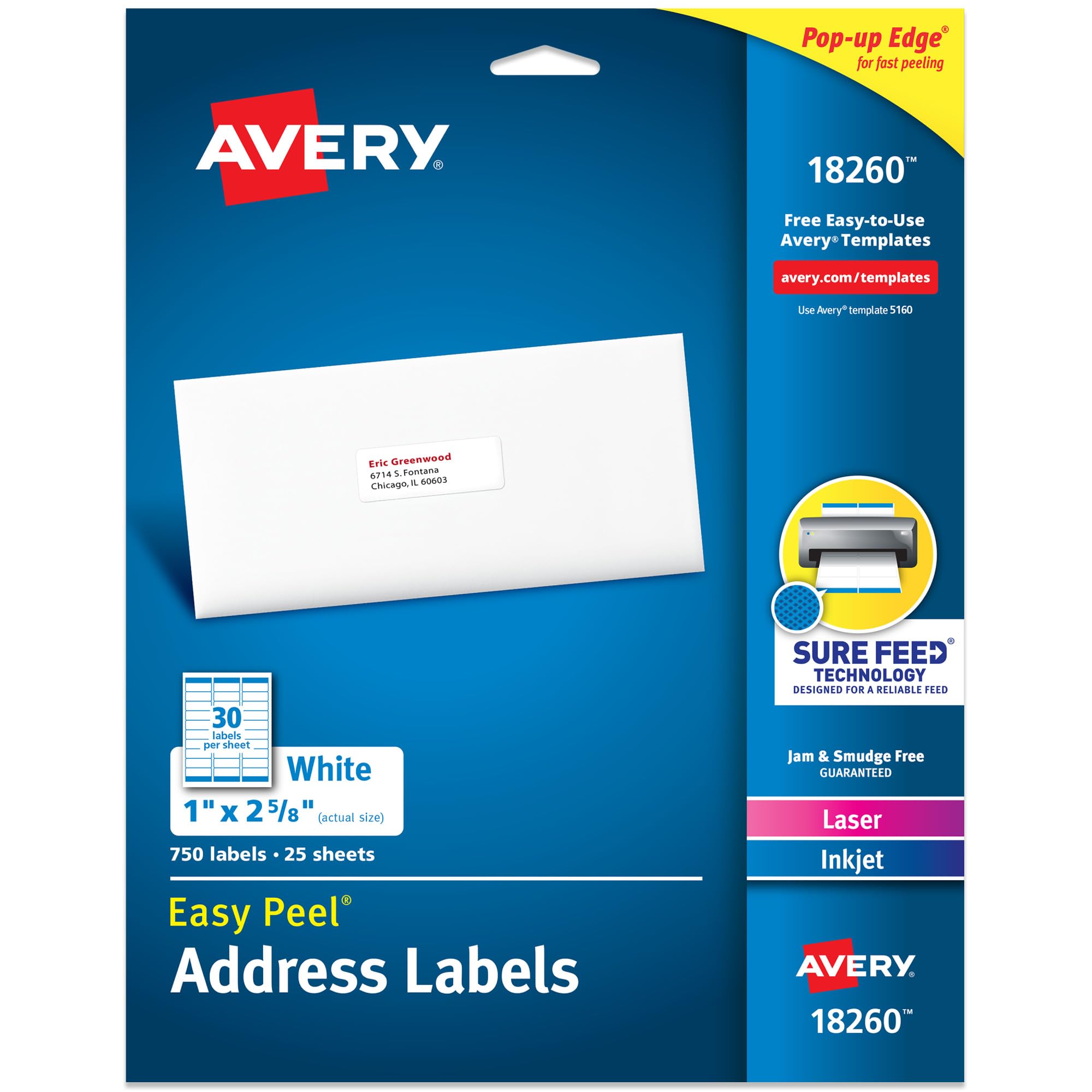Avery Easy Peel Address Labels, Sure Feed Technology, Permanent Adhesive, 1" x 2-5/8", 750 Labels (18260)
