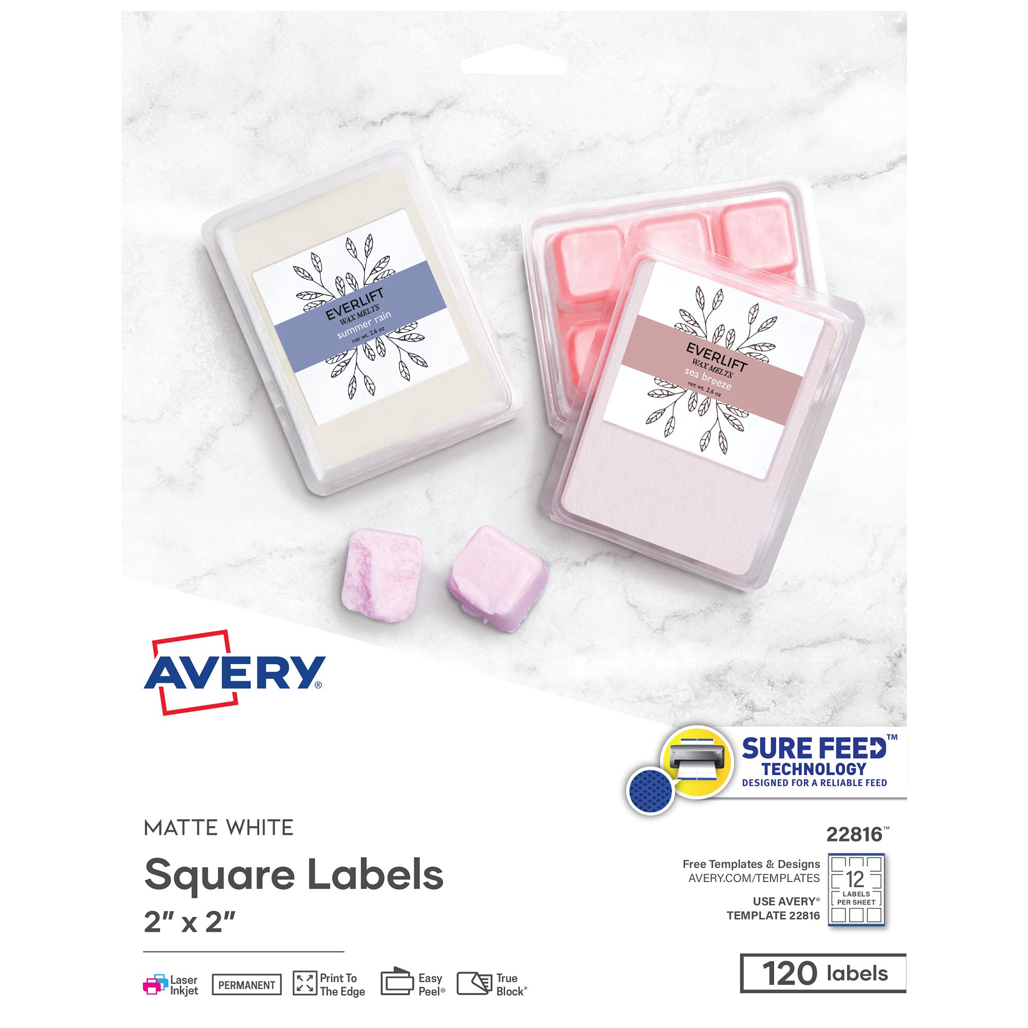 Avery Printable Square Labels, Sure Feed, Print to the Edge, Permanent Adhesive, 2"x 2", 120 Blank White Labels (22816)