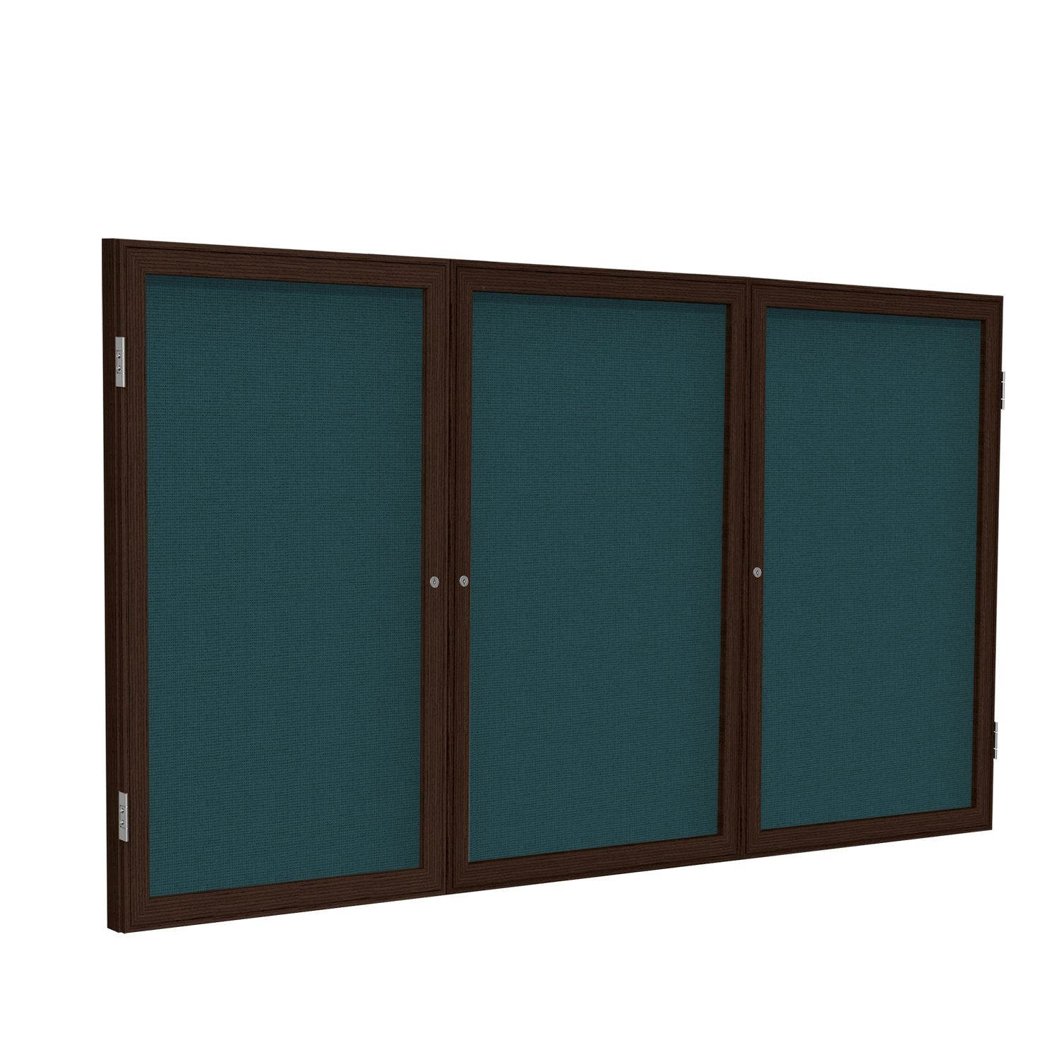Ghent 3 Door Enclosed Fabric Bulletin Board, Walnut Wood Frame, 3'H x 6'W, Blue