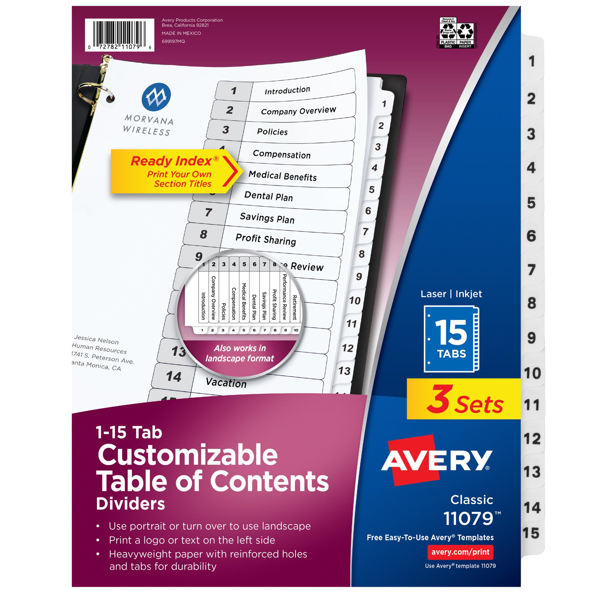 Avery Ready Index 15 Tab Binder Dividers, Customizable Table of Contents, Classic White Tabs, 3 Sets (11079)