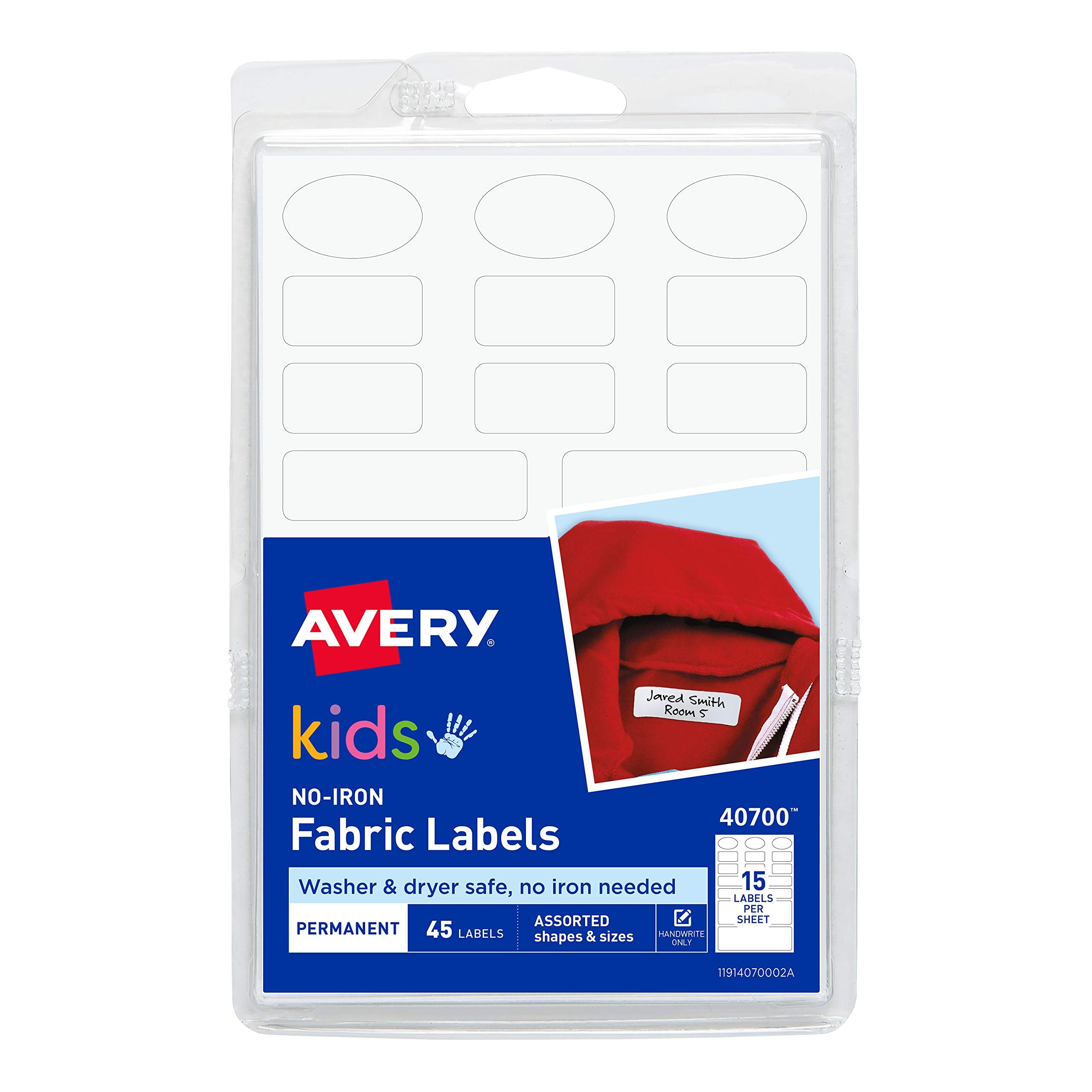 Avery No-Iron Clothing Labels, Washer & Dryer Safe, Assorted Shapes & Sizes, 45 Labels (40700)
