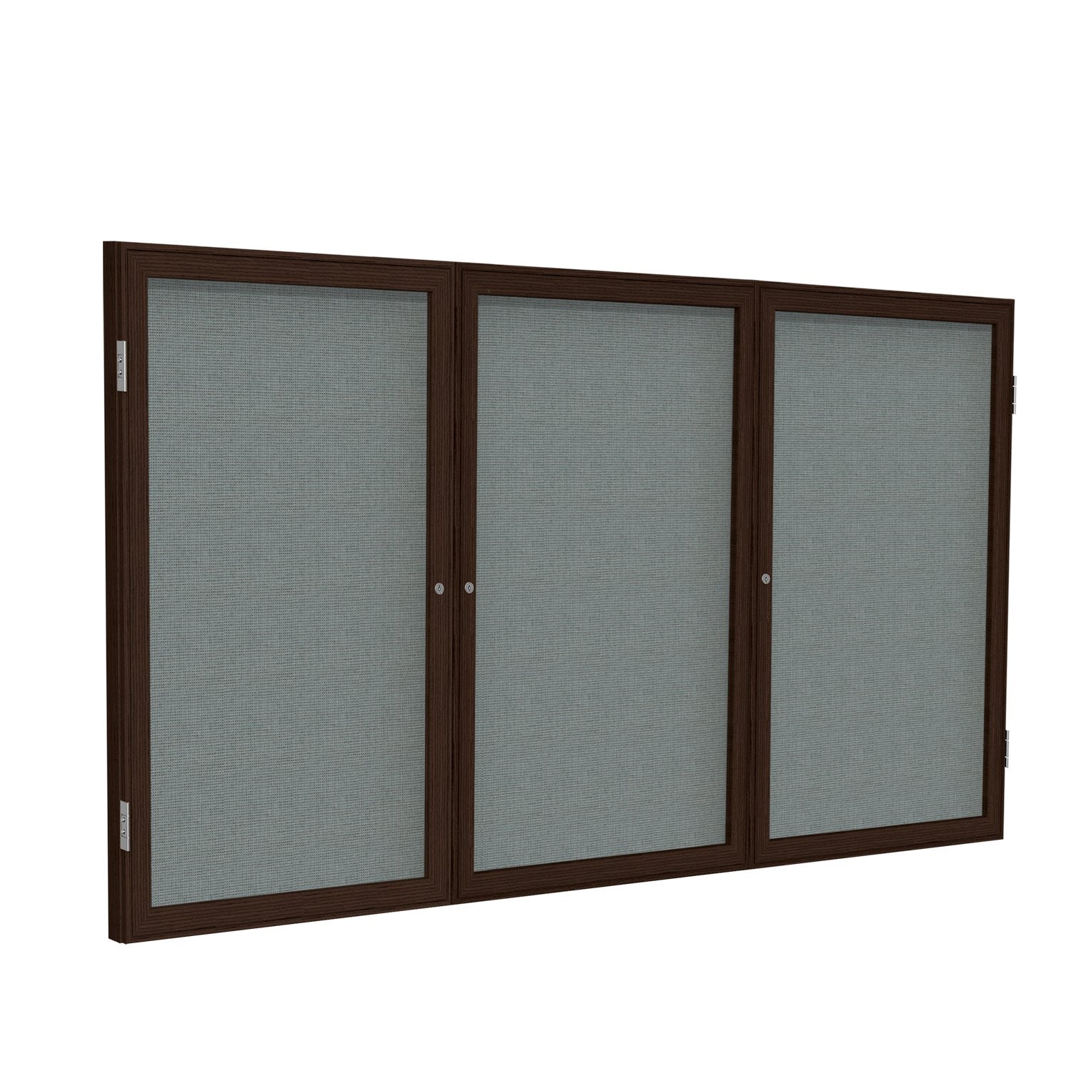 Ghent 3 Door Enclosed Fabric Bulletin Board, Walnut Wood Frame, 3'H x 6'W, Gray