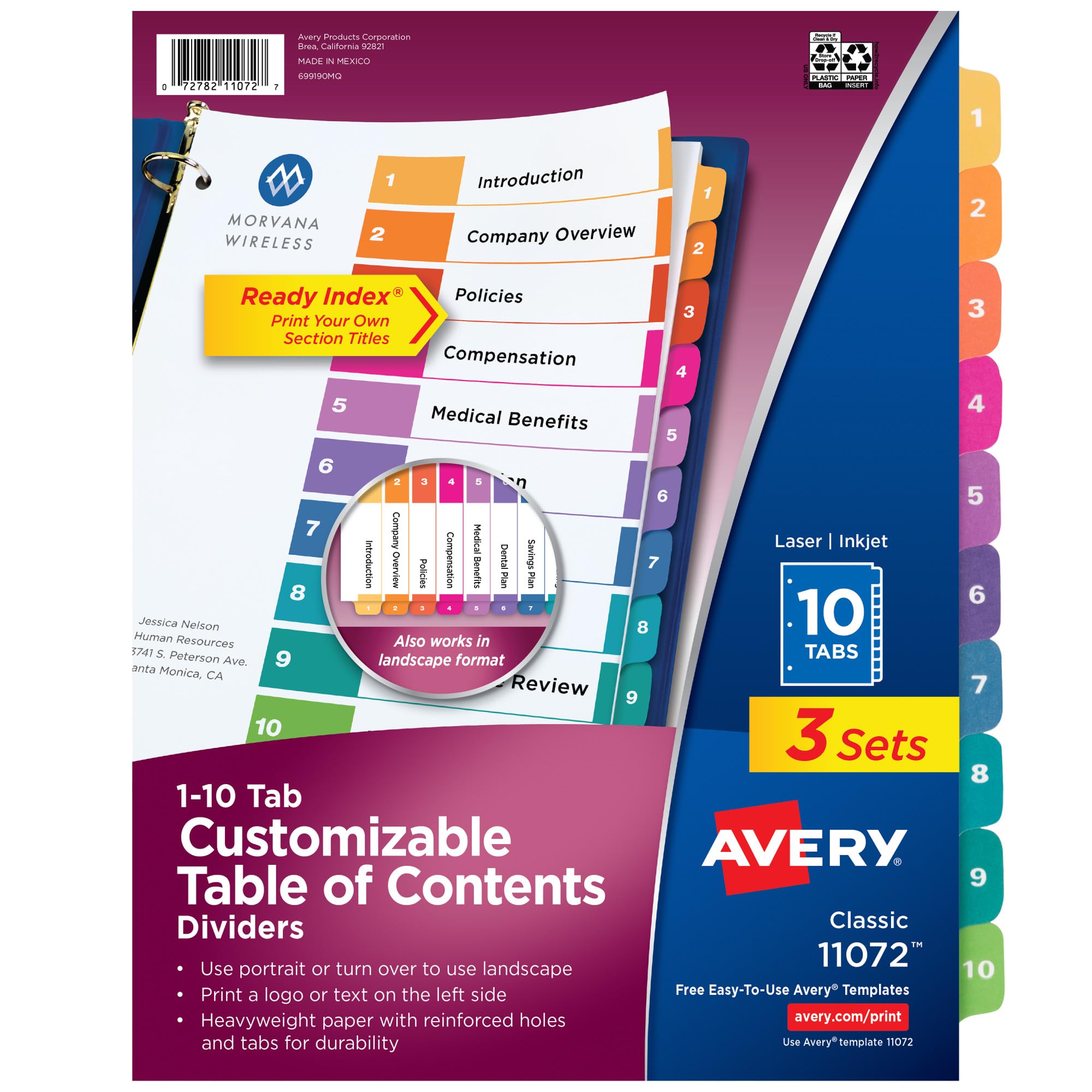 Avery Ready Index 10 Tab Binder Dividers, Customizable Table of Contents, Multicolor Tabs, 3 Sets (11072)