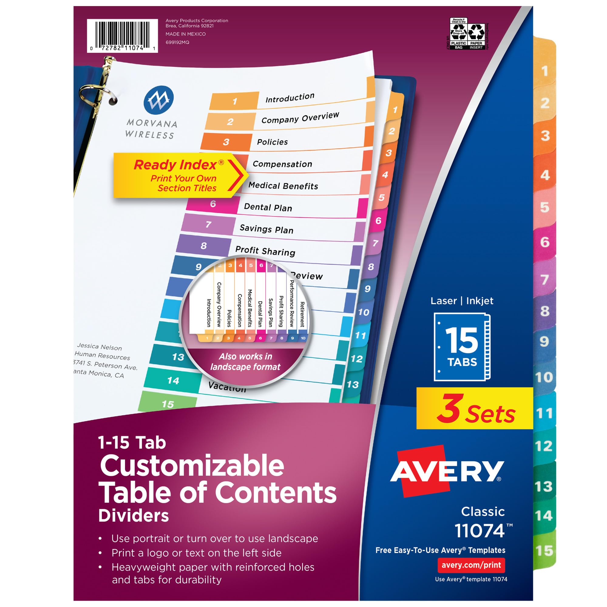 Avery Ready Index 15 Tab Binder Dividers, Customizable Table of Contents, Classic Multicolor Tabs, 3 Sets (11074)