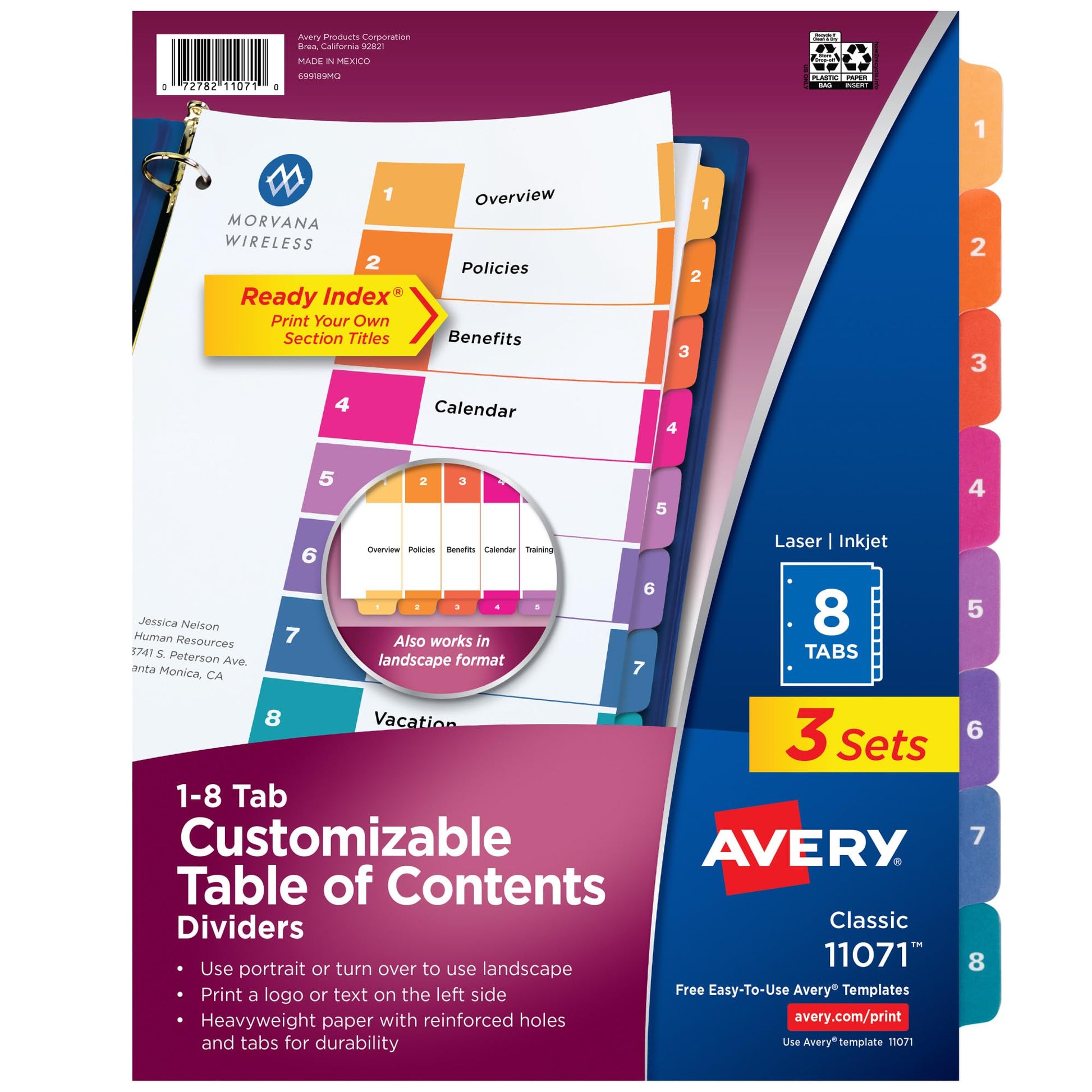 Avery Ready Index 8 Tab Binder Dividers, Customizable Table of Contents, Multicolor Tabs, 3 Sets (11071)