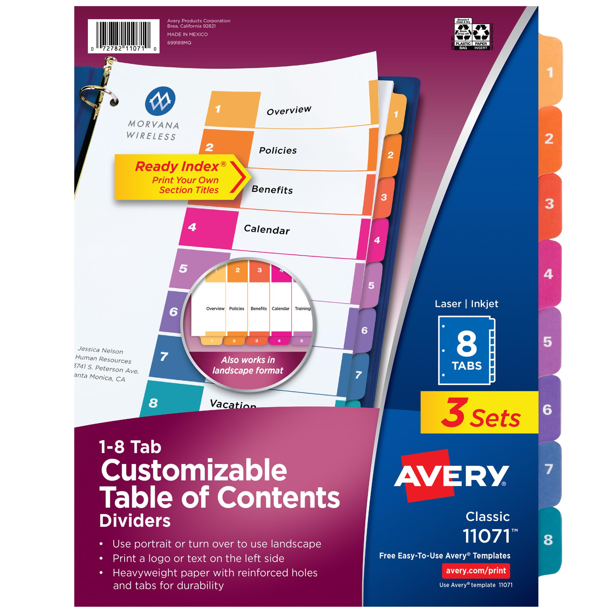 Avery Ready Index 8 Tab Binder Dividers, Customizable Table of Contents, Multicolor Tabs, 3 Sets (11071)