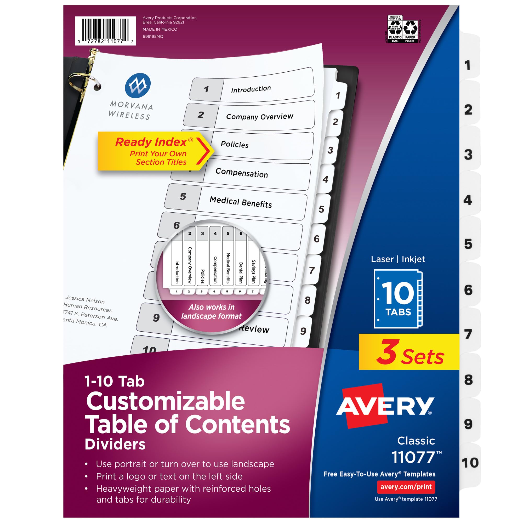 Avery Ready Index 10 Tab Binder Dividers, Customizable Table of Contents, Classic White Tabs, 3 Sets (11077)