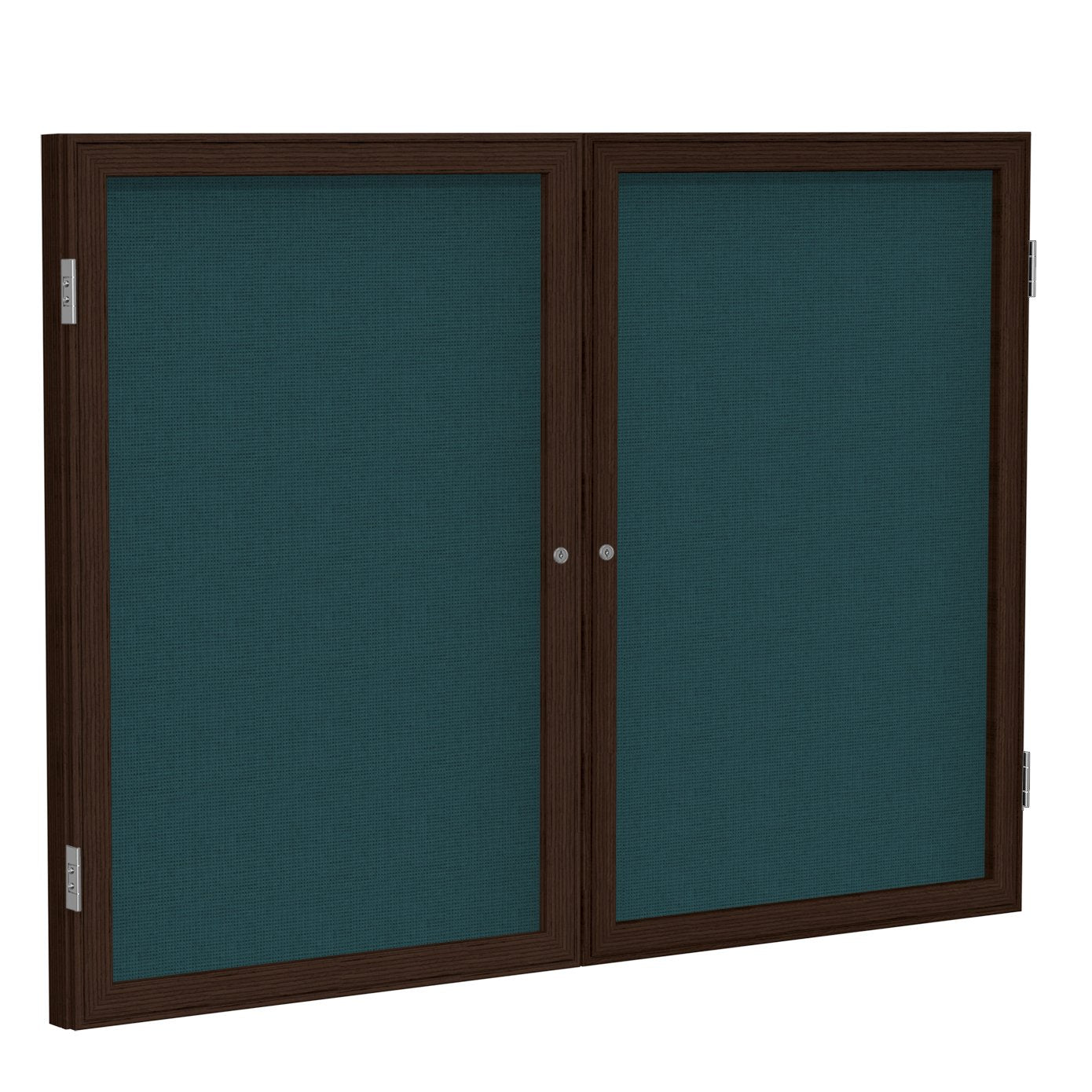 Ghent 2 Door Enclosed Fabric Bulletin Board, Walnut Wood Frame, 3'H x 4'W, Blue