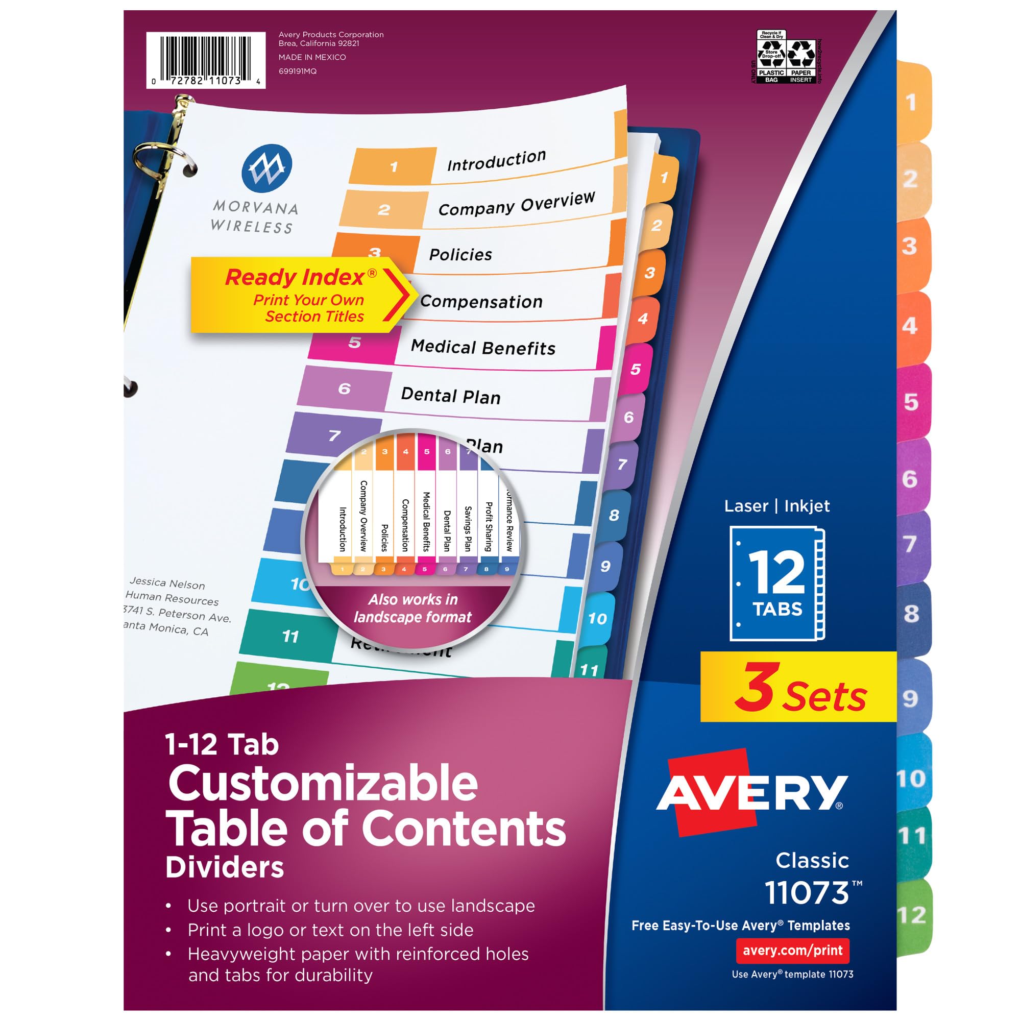 Avery Ready Index 12 Tab Binder Dividers, Customizable Table of Contents, Multicolor Tabs, 3 Sets (11073)