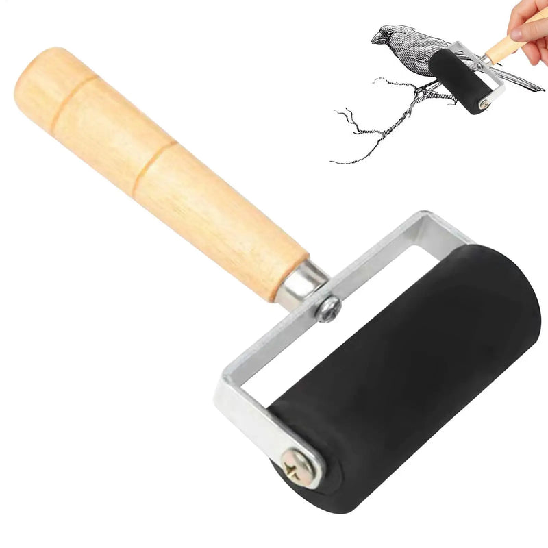 Rubber ink brayer roller with wood handle