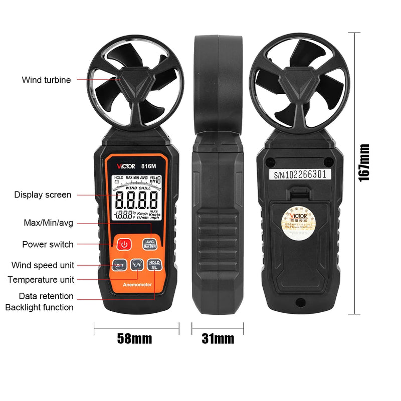 Digital Anemometer, Wind Speed to 100 mph