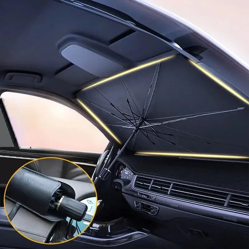 Umbrella-style windshield sun shade
