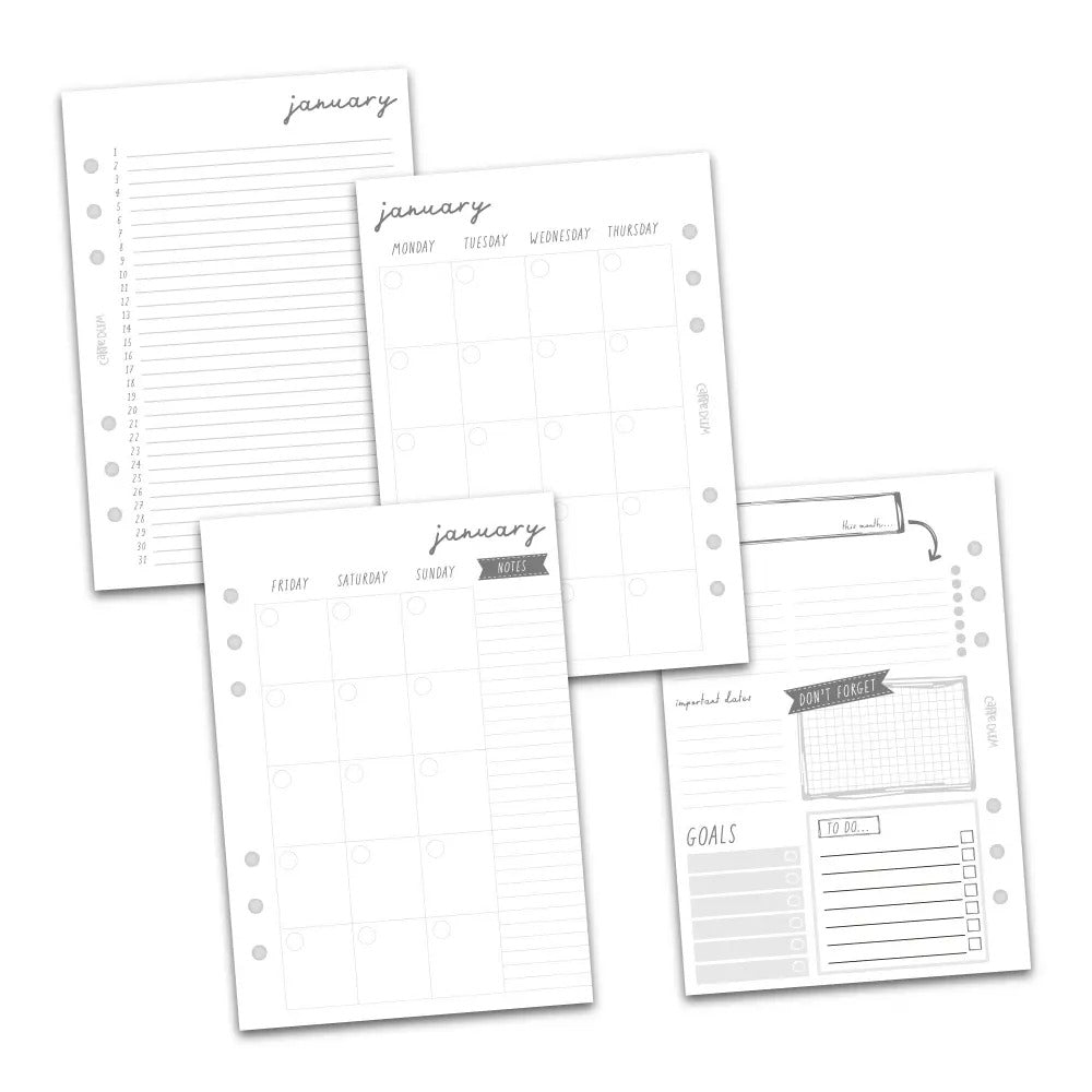 A5 Planner Monthly Calendar Inserts, Sold & Priced Individually