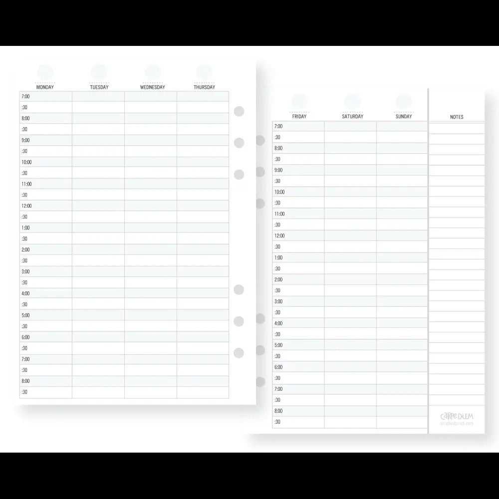A5 Planner Weekly Vertical Schedule Inserts, Sold & Priced Individually