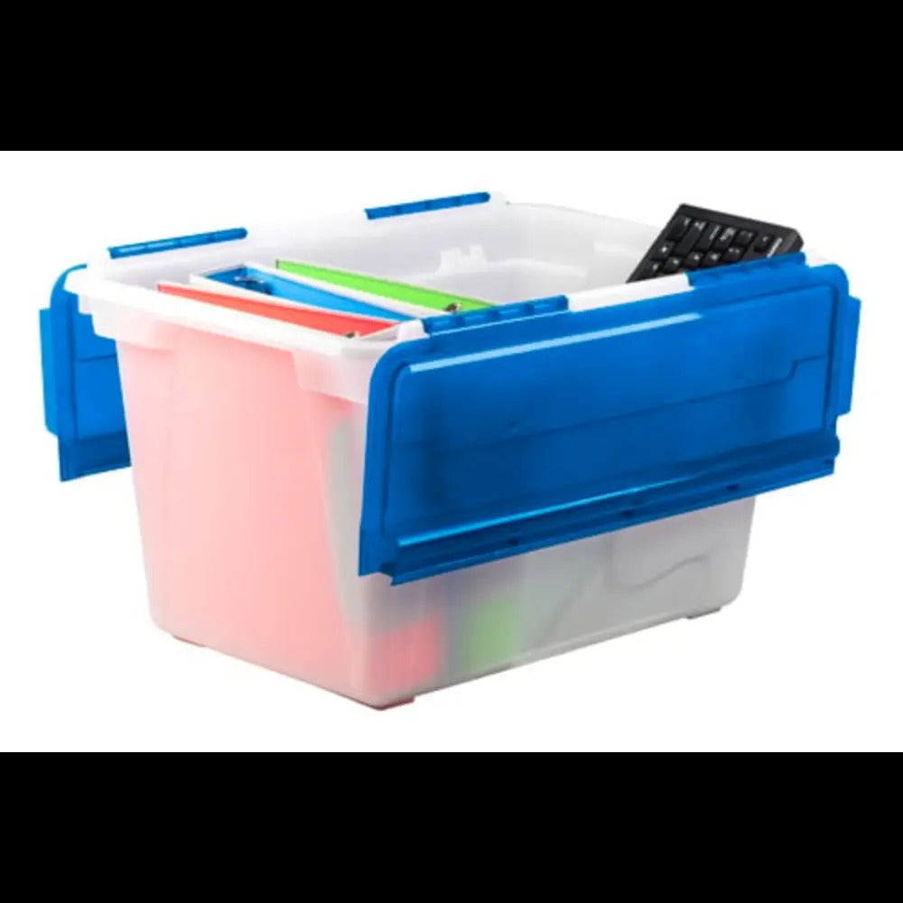 Storex Flip-Top Storage Tub, Frost/Blue, 4-Pack