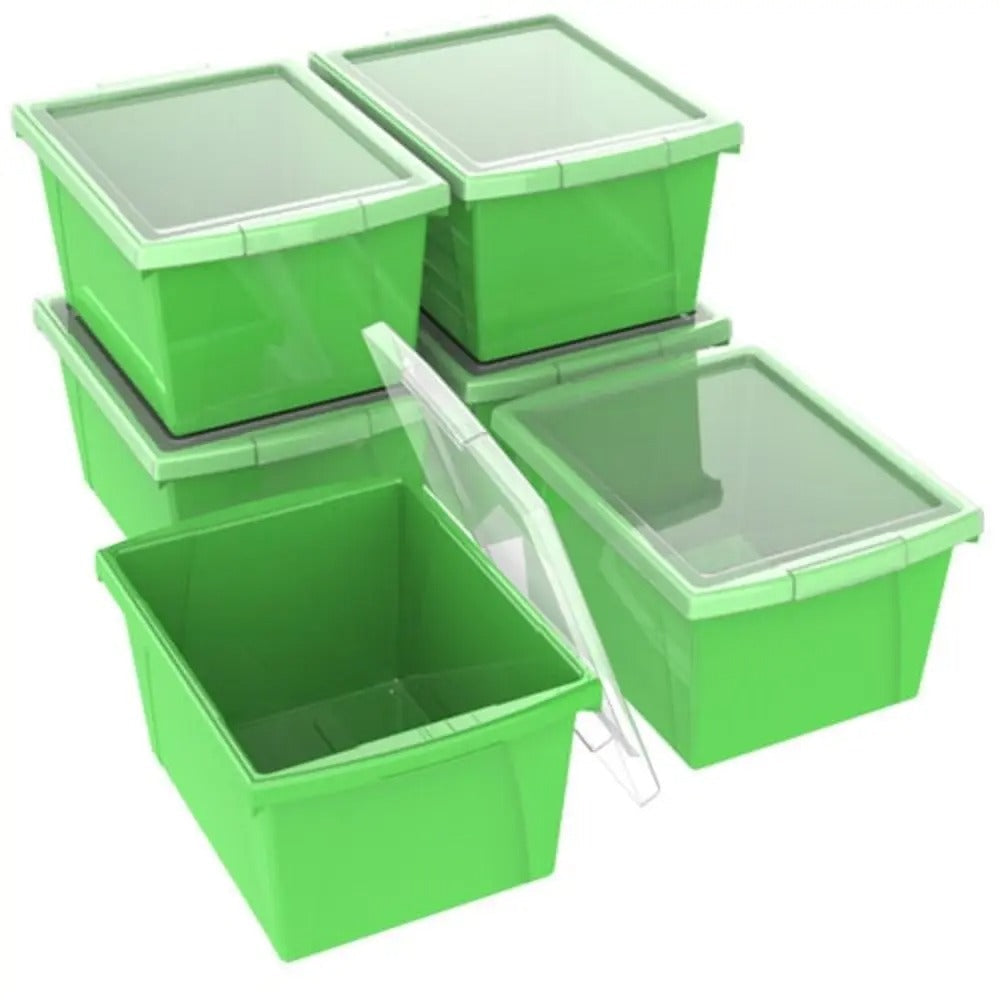 Storex 4 Gallon (15L) Classroom Storage Bin with Lid, Green, 6-Pack