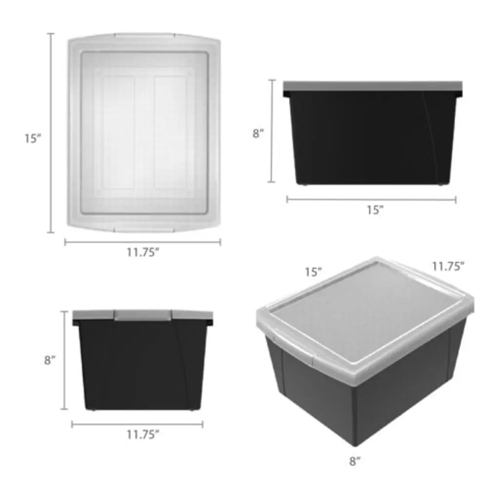 Storex 4 Gallon (15L) Classroom Storage Bin with Lid, Black, 6-Pack