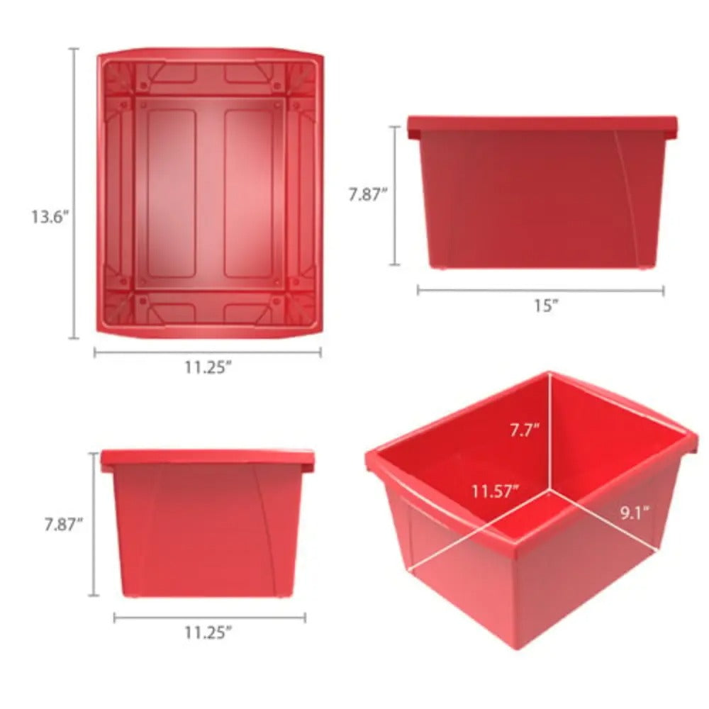 Storex 4 Gallon (15L) Classroom Storage Bin, Red, 6-Pack