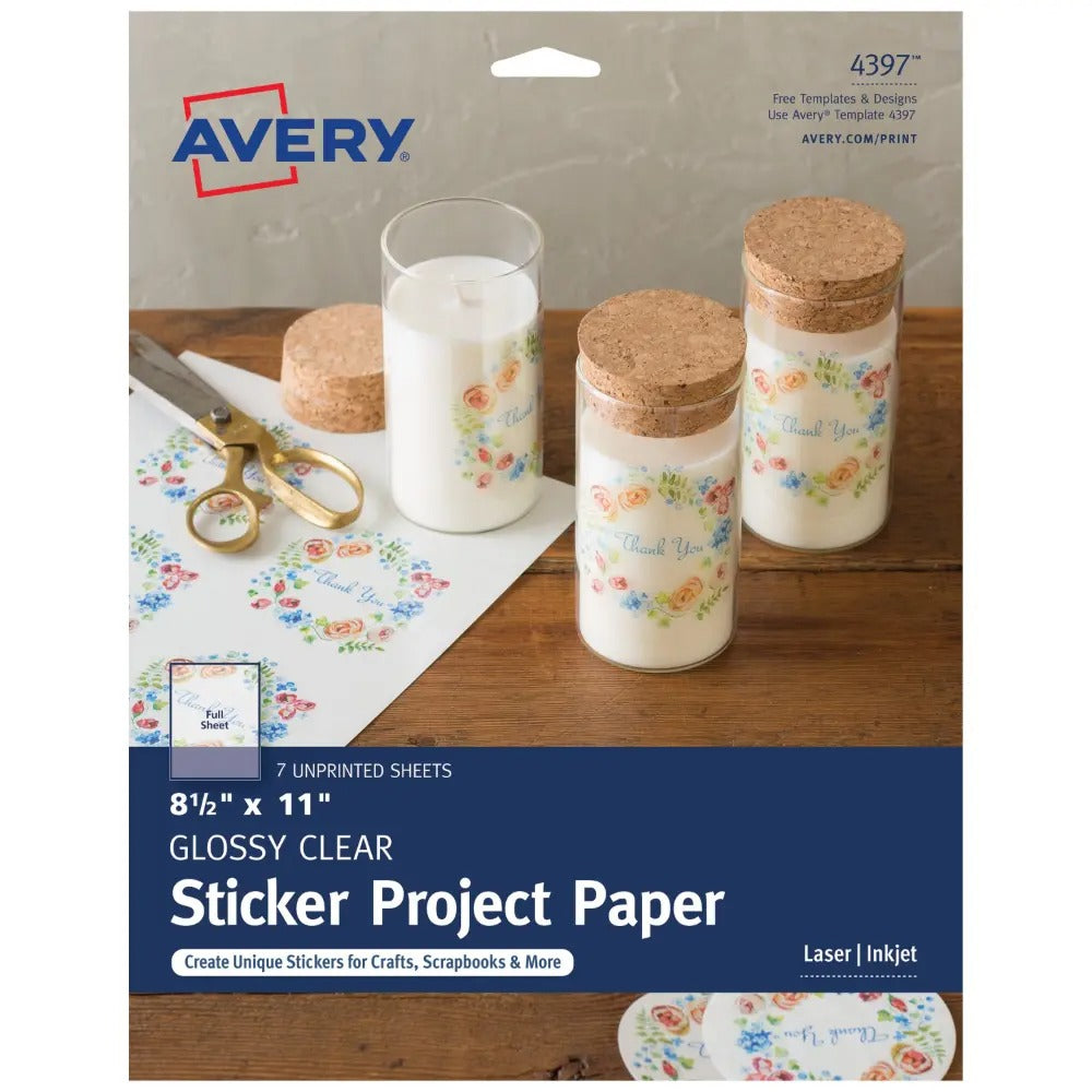Avery Printable Sticker Paper, Glossy Clear, 8-1/2" x 11", Laser and Inkjet Printers, 7 Sheets (4397)