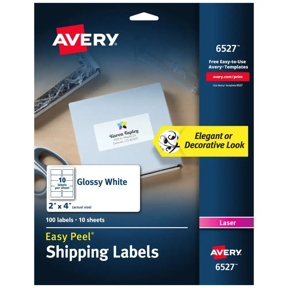 Avery Shipping Labels, Sure Feed Technology, Laser Only, 2" x 4", 100 Glossy Labels (6527)