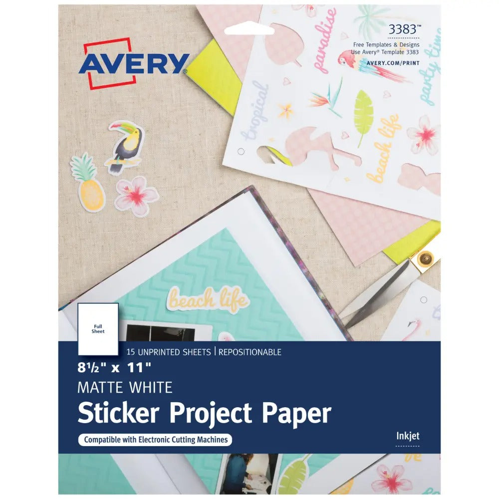 Avery Printable Sticker Paper, Matte White, 8-1/2" x 11", Inkjet Printers, 15 Sheets (3383)