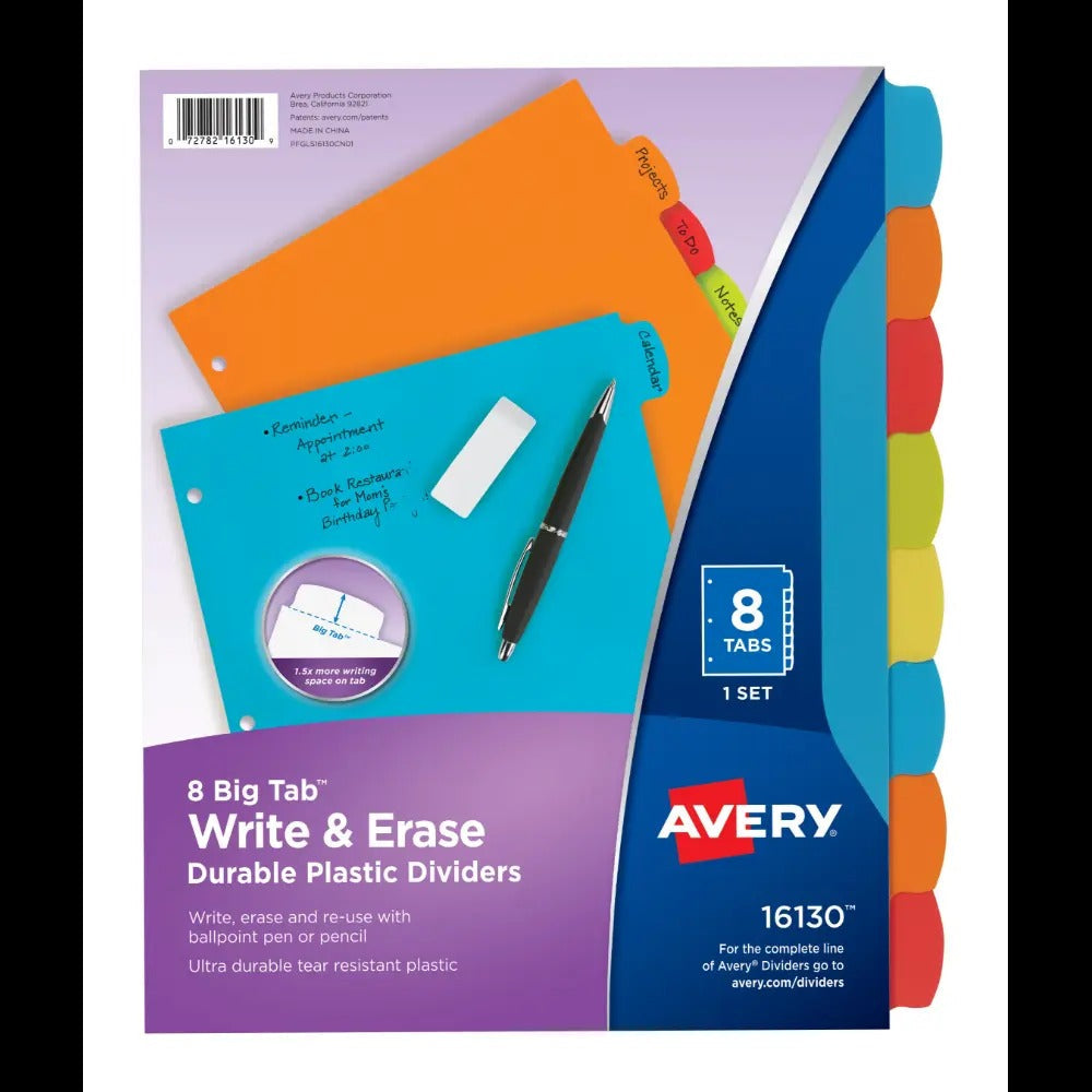 Avery Big Tab Write & Erase Durable Plastic Dividers, 8 Multicolor Tabs, 1 Set (16130)