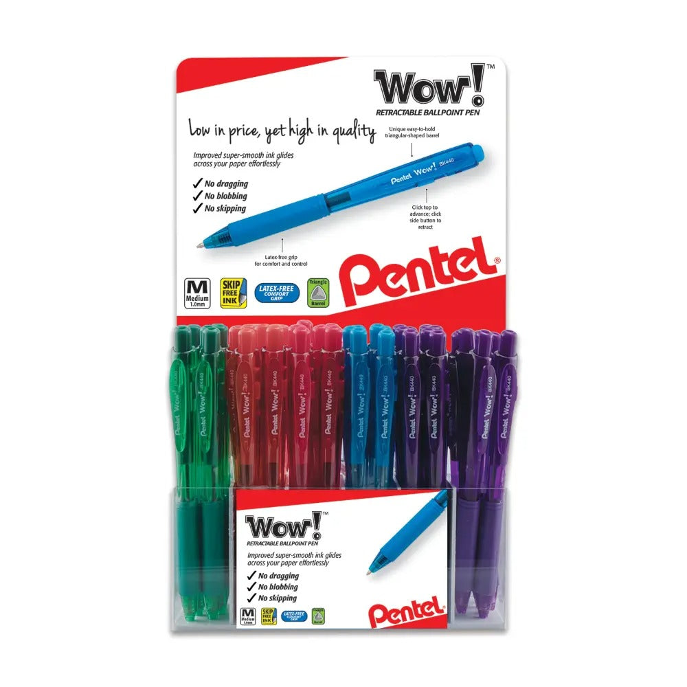 Wow! Colors Retractable Ballpoint Pen, (1.0mm) Medium Line, Assorted Ink Colors, Open Stock Display - 84 Pieces