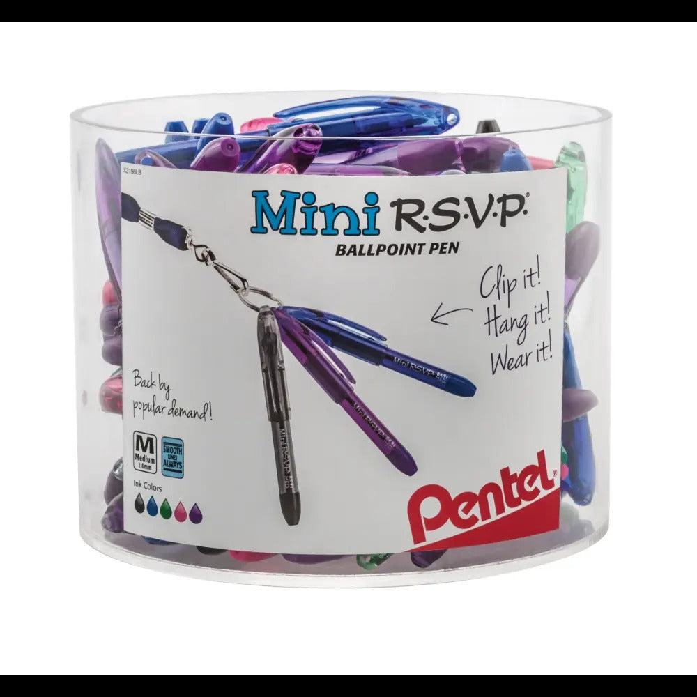 RSVP Mini Ballpoint Pen, (1.0mm) Medium Line, Assorted Ink (A/C/D/P/V), Open Stock Canister Display - 72 Pieces