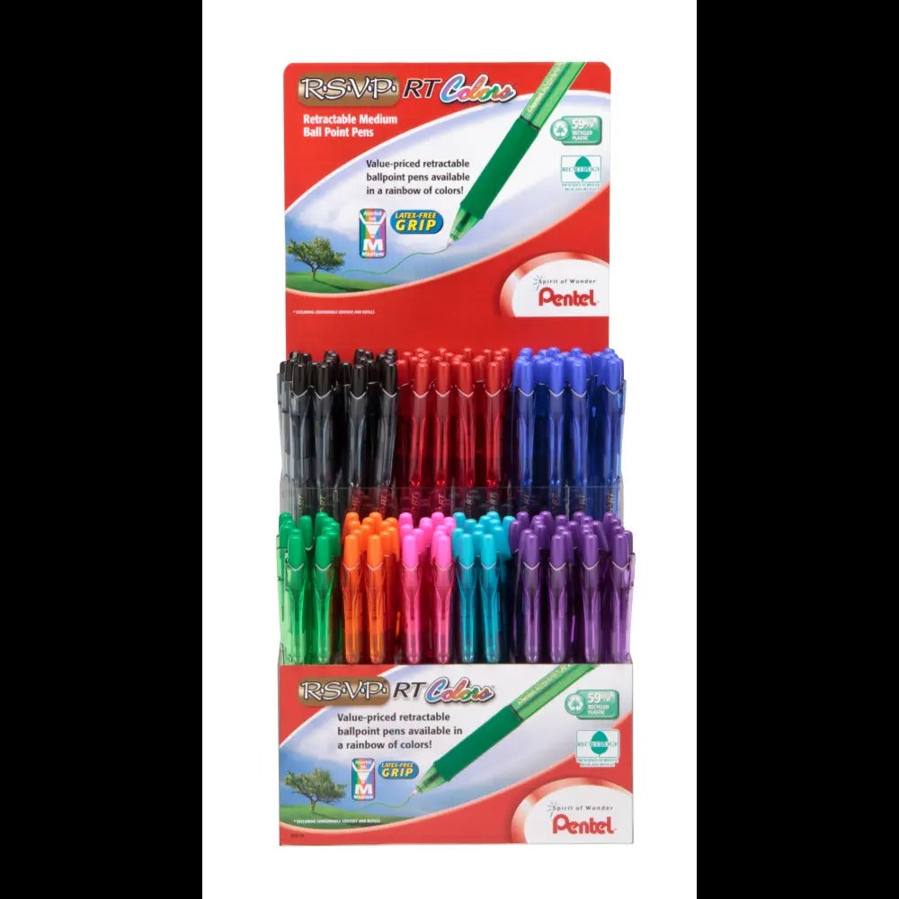 RSVP RT COLORS Retractable Ballpoint Pen, (1.0mm) Medium Line, Assorted Ink Colors, Open Stock Display - 144 Pieces