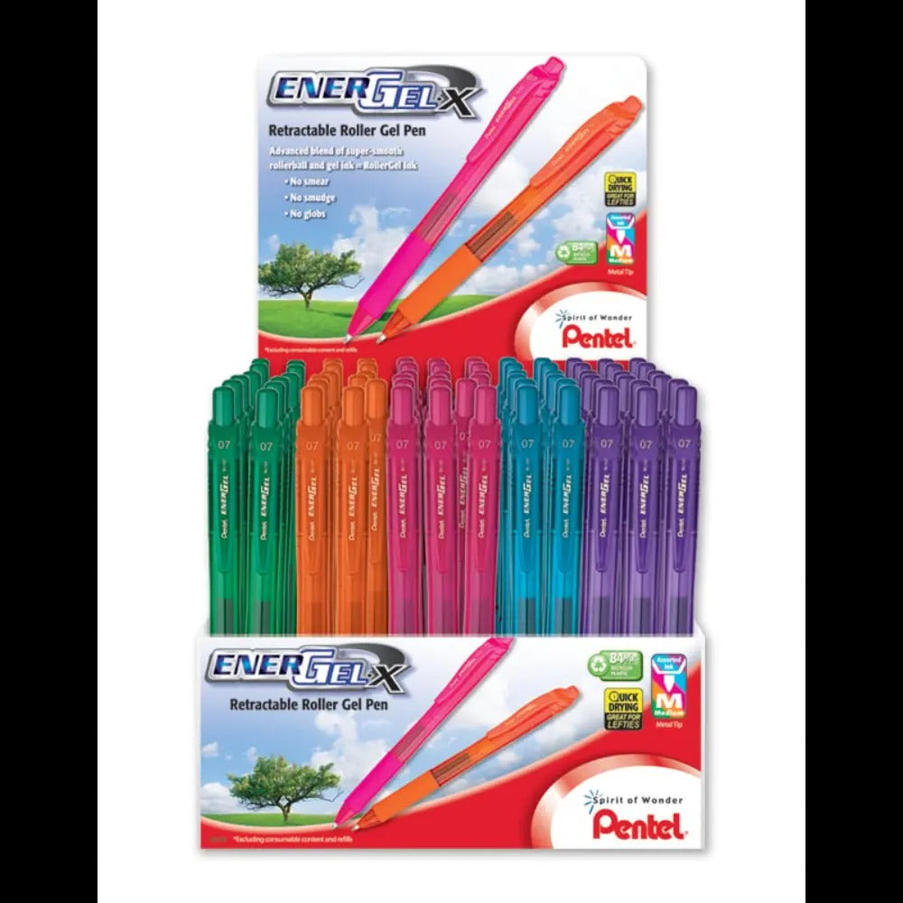 EnerGel-X Retractable Liquid Gel Pen, (0.7mm) Metal Tip, Medium Line, Assorted Ink, Open, Stock Display - 120 Pieces
