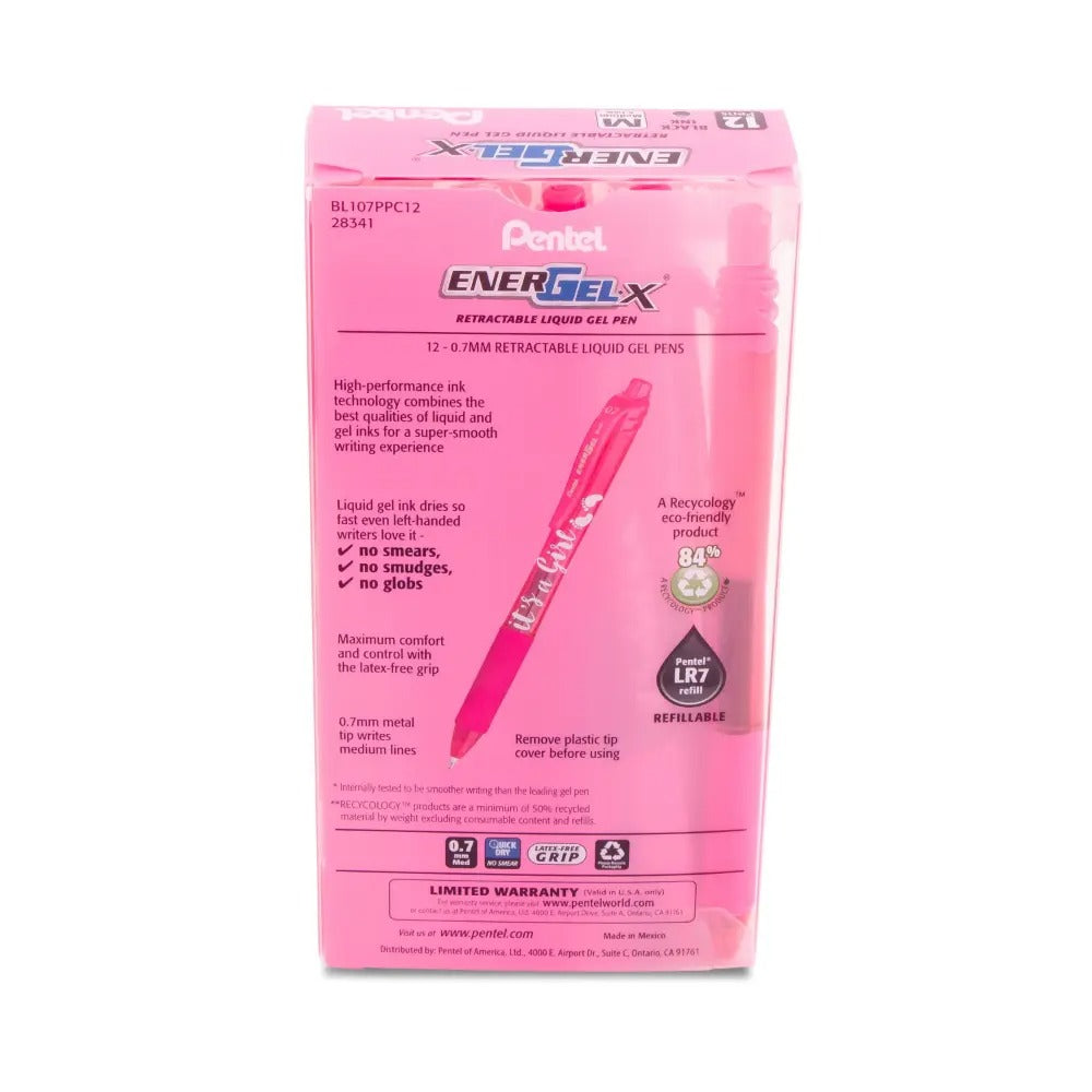 EnerGel-X Retractable Gel Pen, (0.7mm) Med. line, Pink Ink- its a Girl Dozen Box