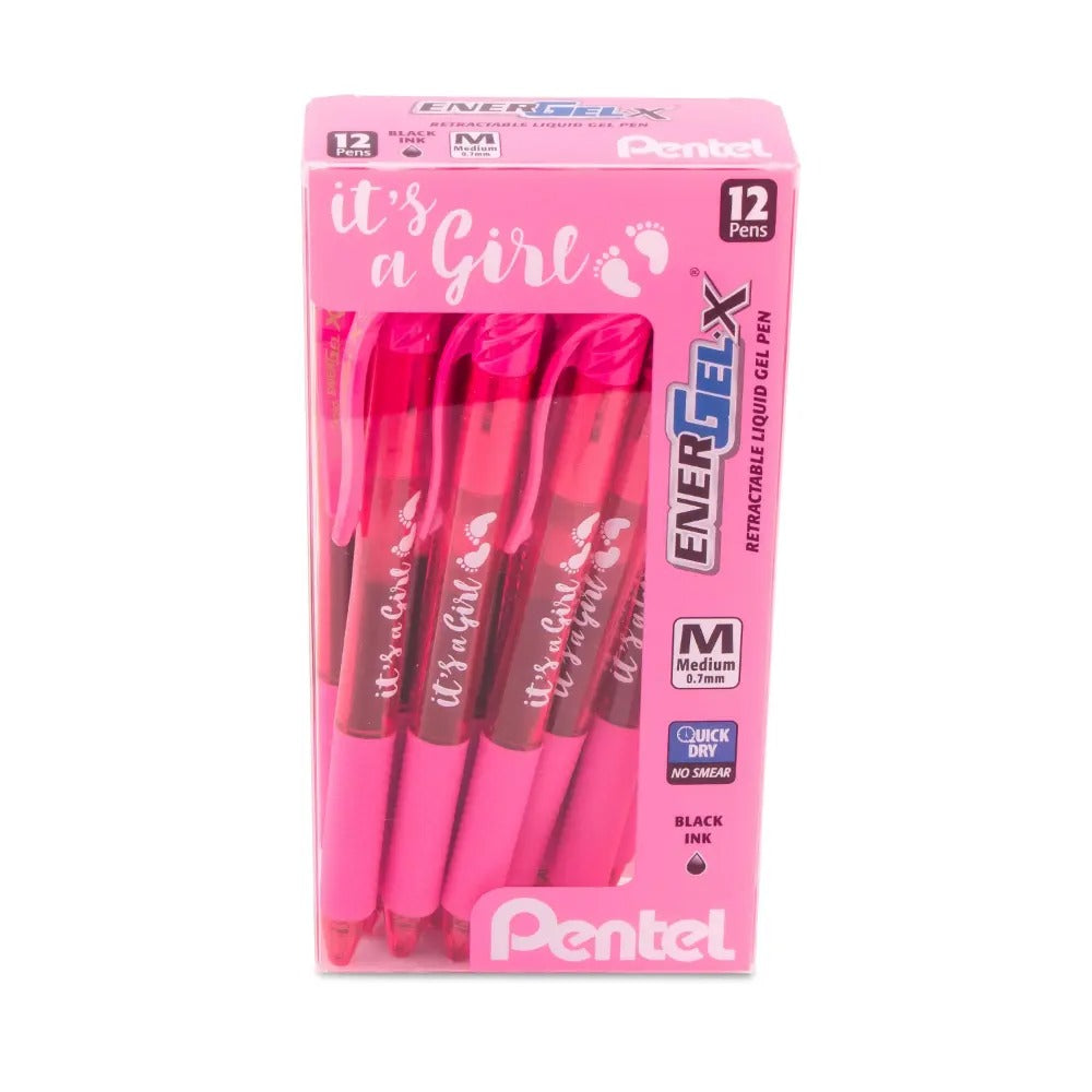 EnerGel-X Retractable Gel Pen, (0.7mm) Med. line, Pink Ink- its a Girl Dozen Box