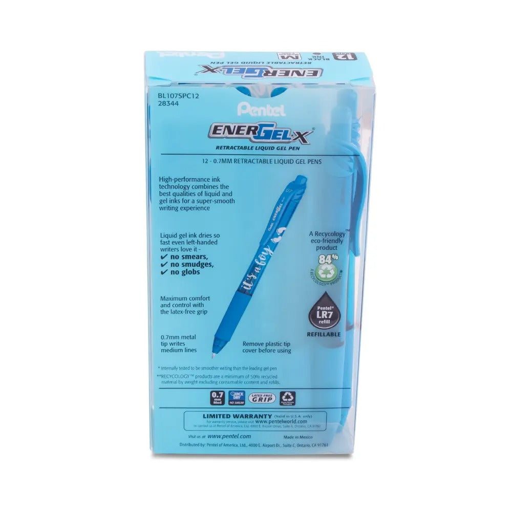 EnerGel-X Retractable Gel Pen, (0.7mm) Med. line, Sky Blue Ink- its a Boy Dozen Box