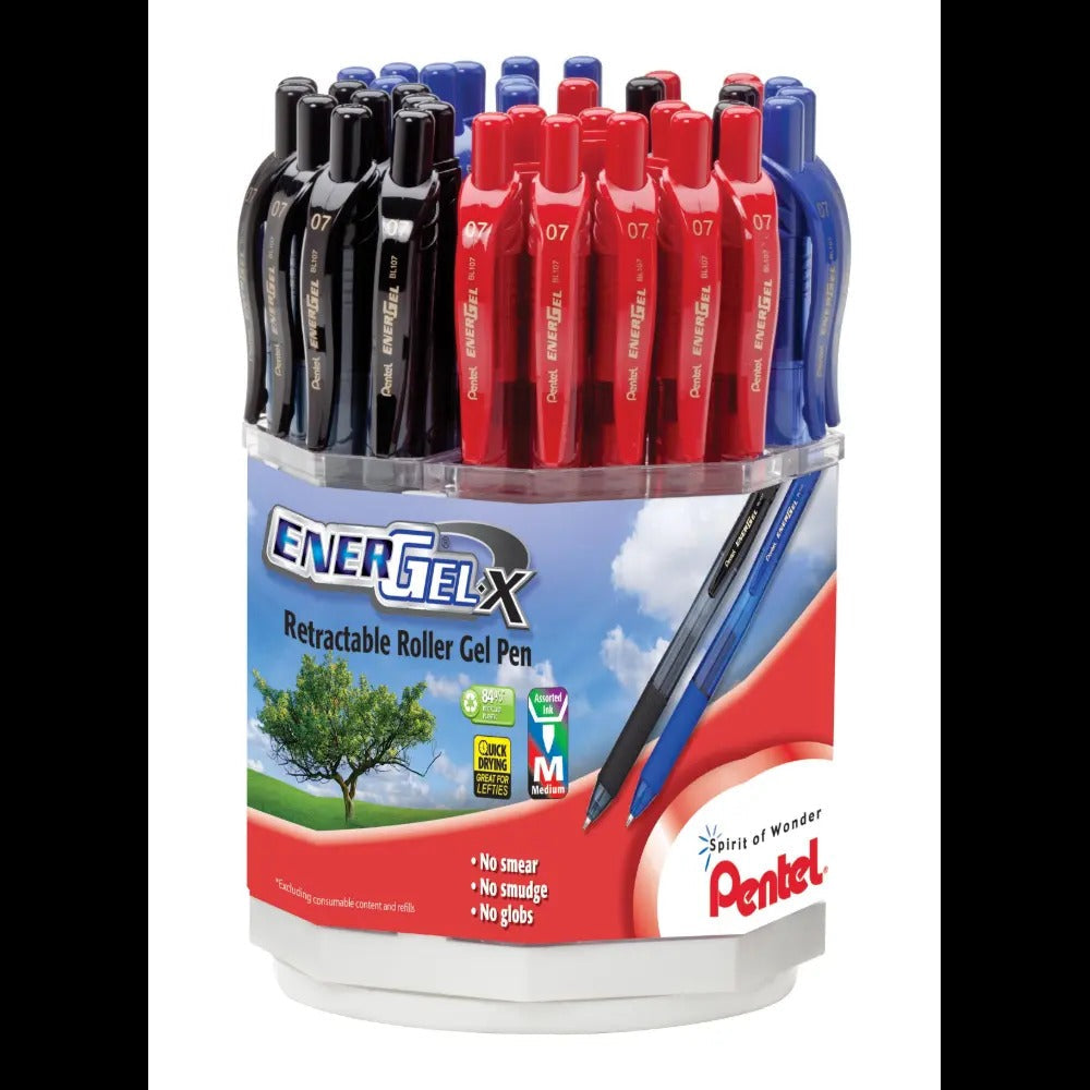 EnerGel-X Retractable Liquid Gel Pen, (0.7mm) Metal Tip, Medium Line, Assorted Ink Colors, Spinner Display - 36 Pieces