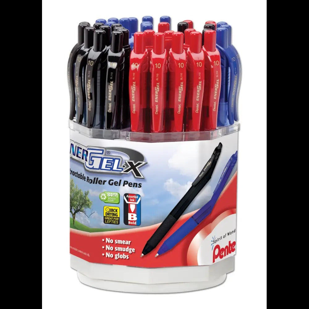 EnerGel-X Retractable Liquid Gel Pen, (1.0mm) Bold Line, Metal Tip, Assorted Ink, Spinner Display - 36 Pieces