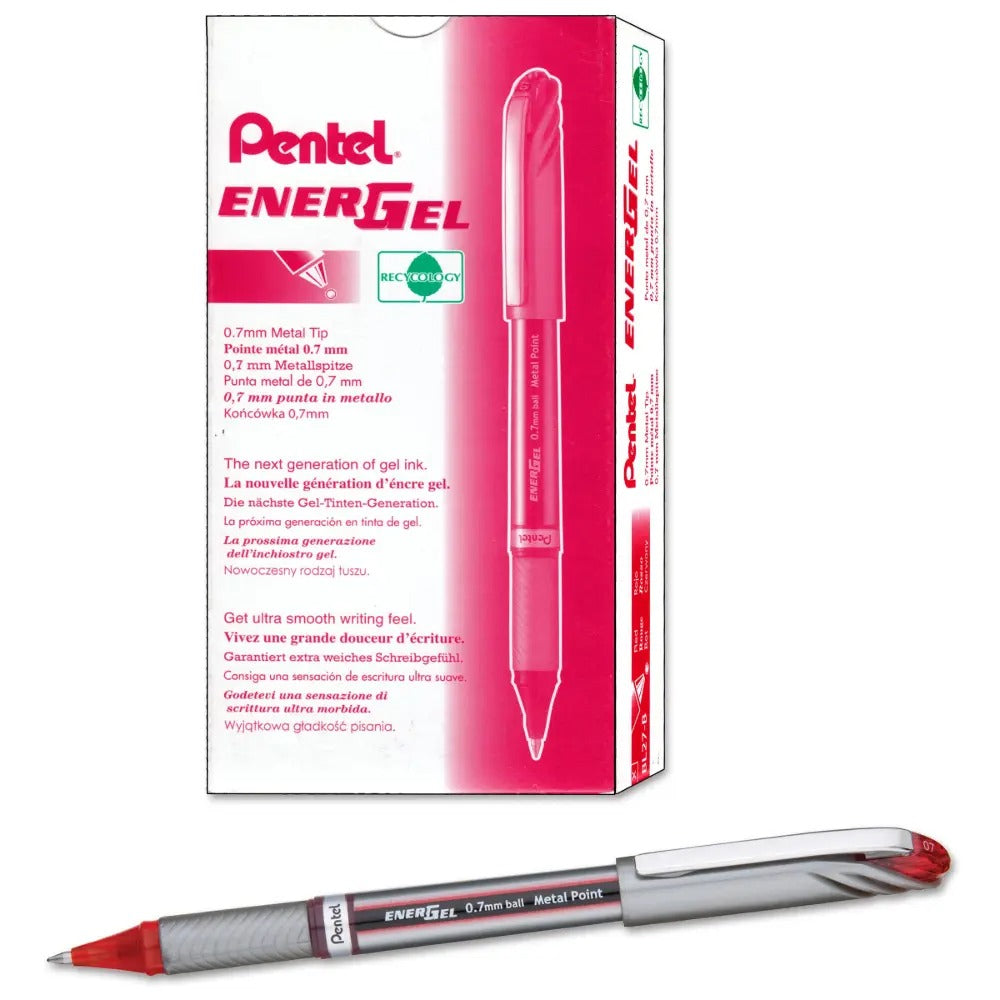 EnerGel NV Liquid Gel Pen, (0.7mm) Metal Tip, Medium Line Capped, Red Ink